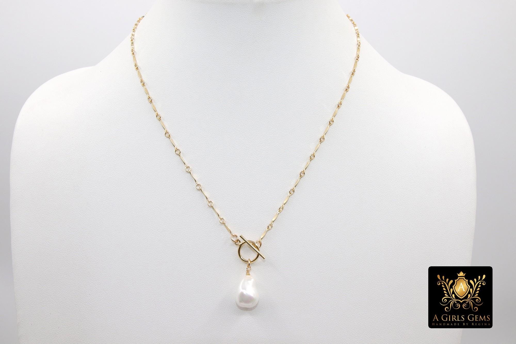 14 K Gold Filled Large Pearl Necklace, Genuine 14 K Gold Filled Dap Bar Chain Necklace, Baroque Pearls Bar Chain