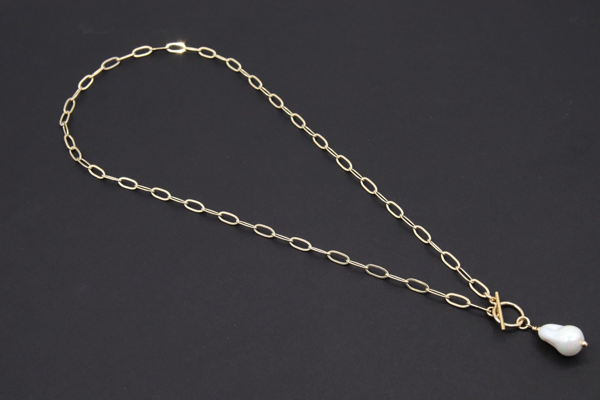 14K Gold Filled Baroque Pearl Paperclip Chain Necklace