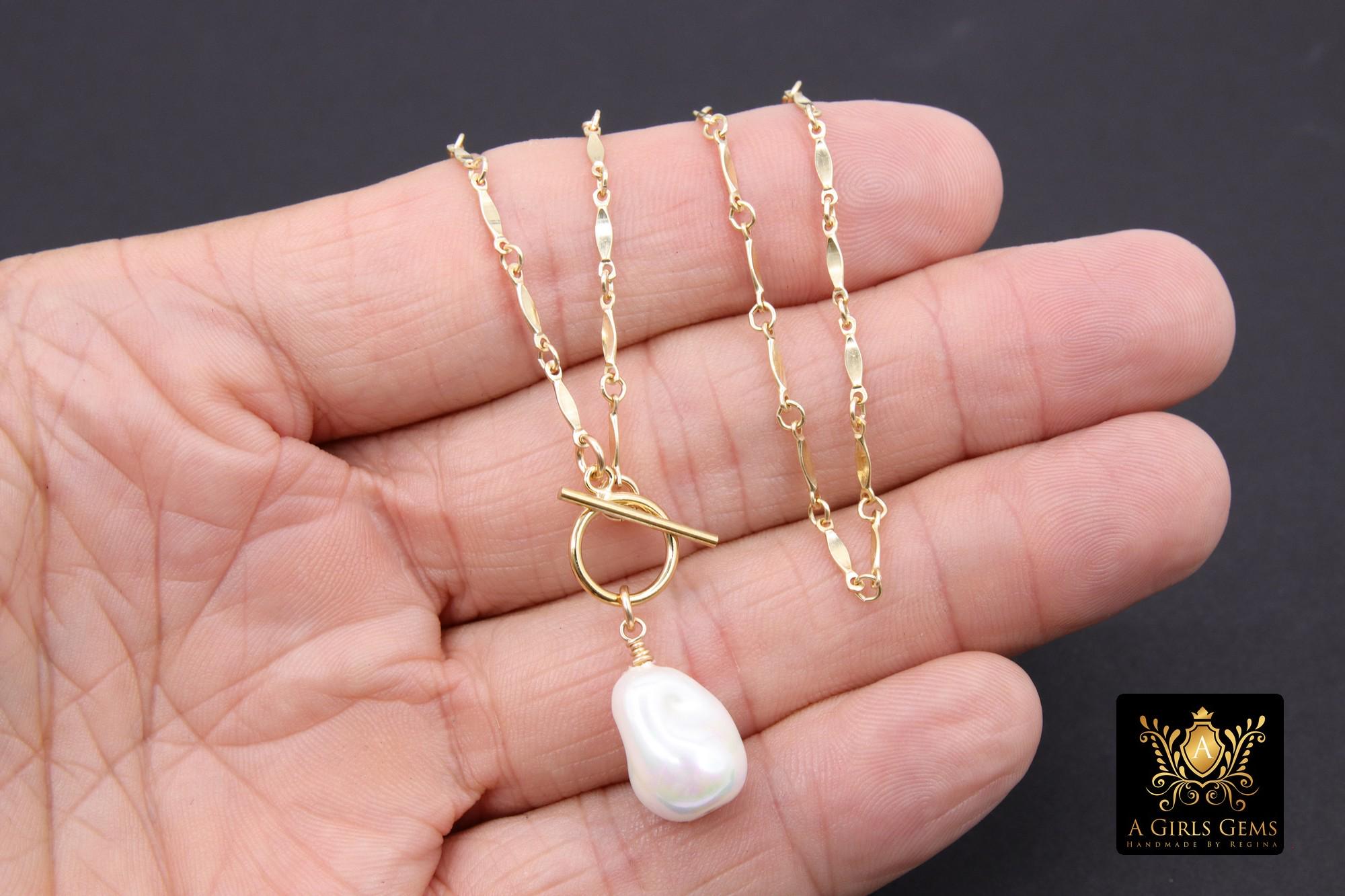 14 K Gold Filled Large Pearl Necklace, Genuine 14 K Gold Filled Dap Bar Chain Necklace, Baroque Pearls Bar Chain