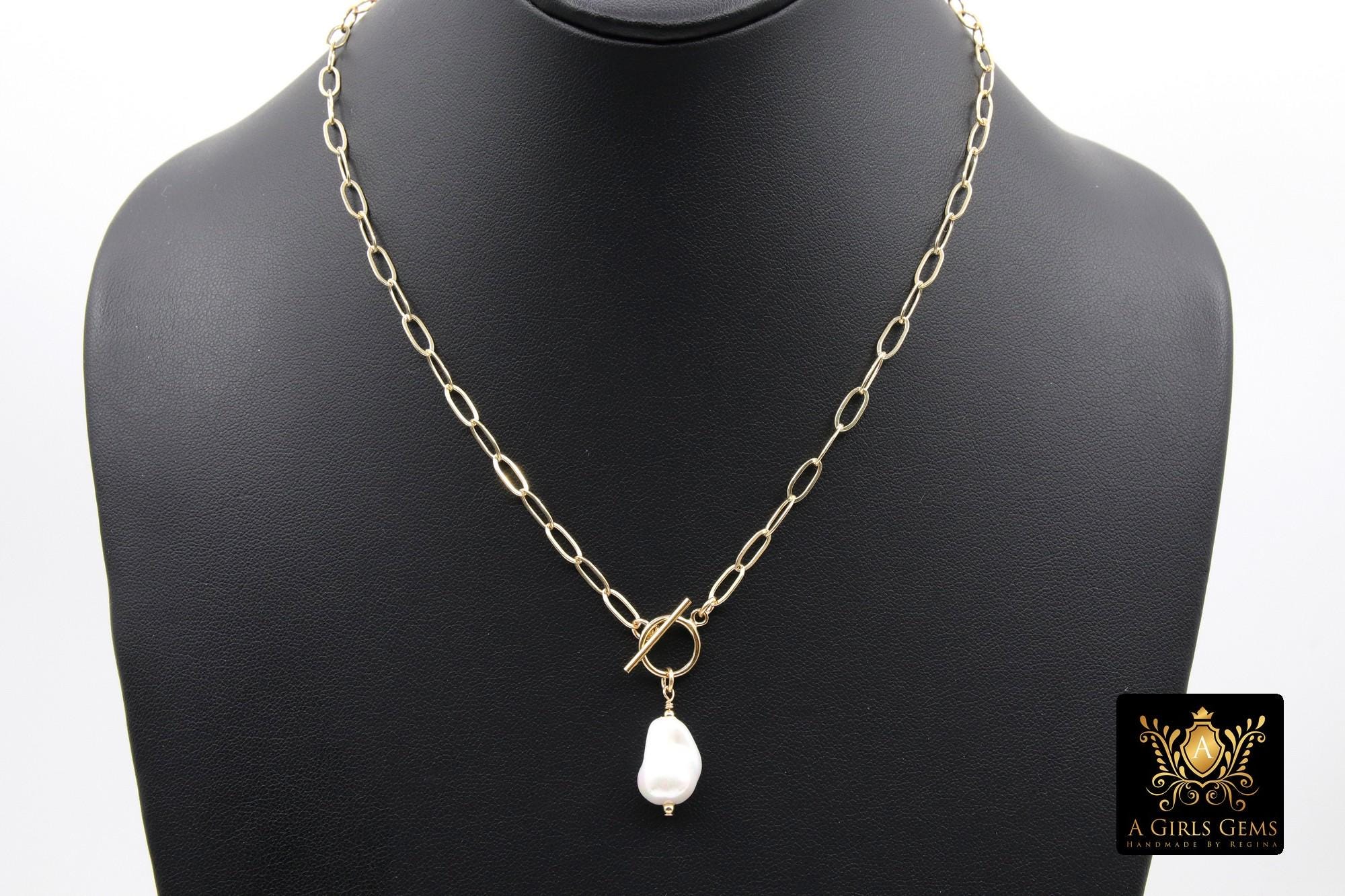 14 K Gold Filled Large Pearl Necklace, Genuine 14 K Gold Filled Paperclip Chain Necklace, White Baroque Pearls Paperclip Oval Chain, June Birthstone