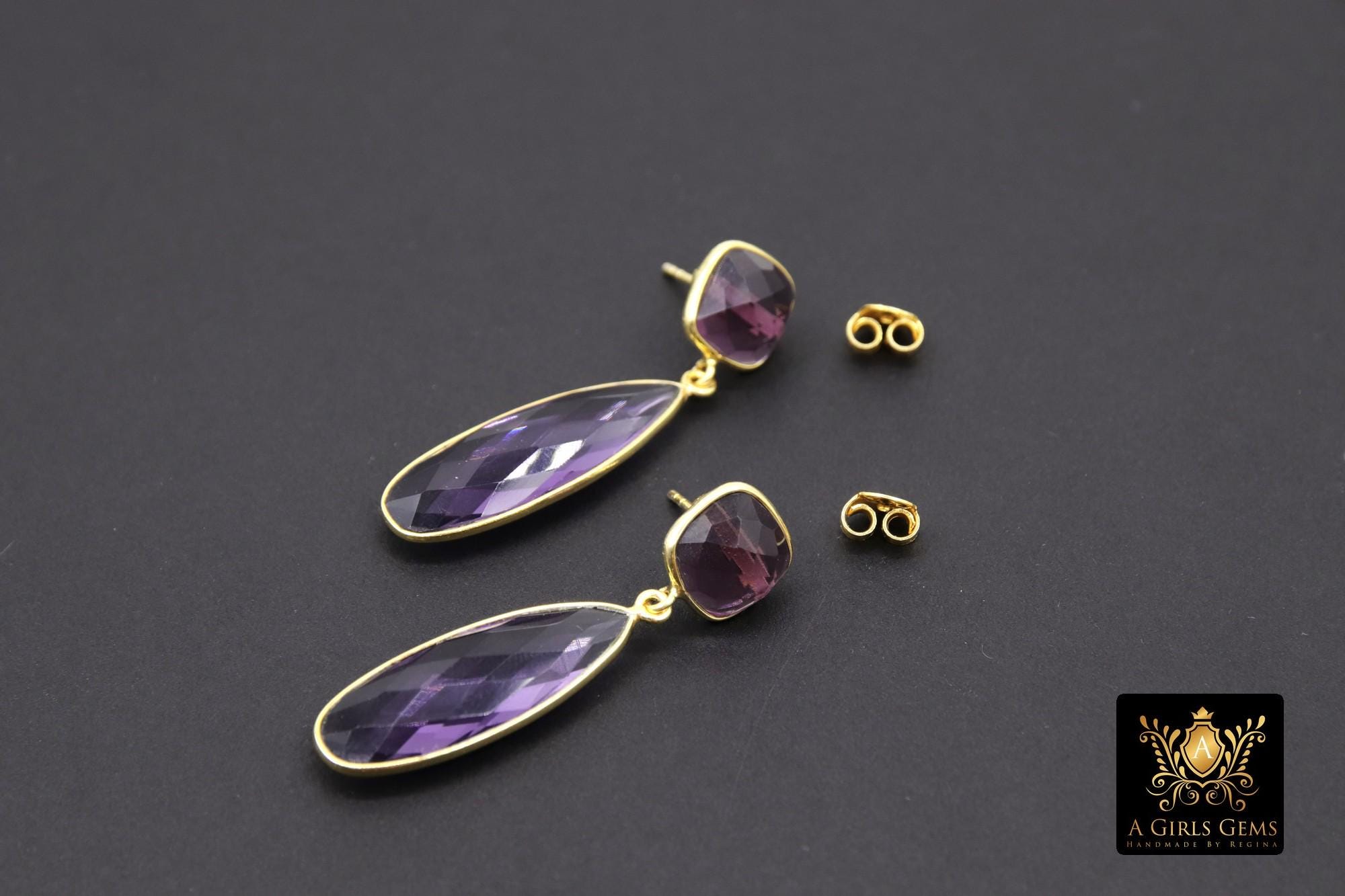 Purple Amethyst Stud Earrings, Gold Over 925 Silver Teardrop Gemstone, LSU Jewelry