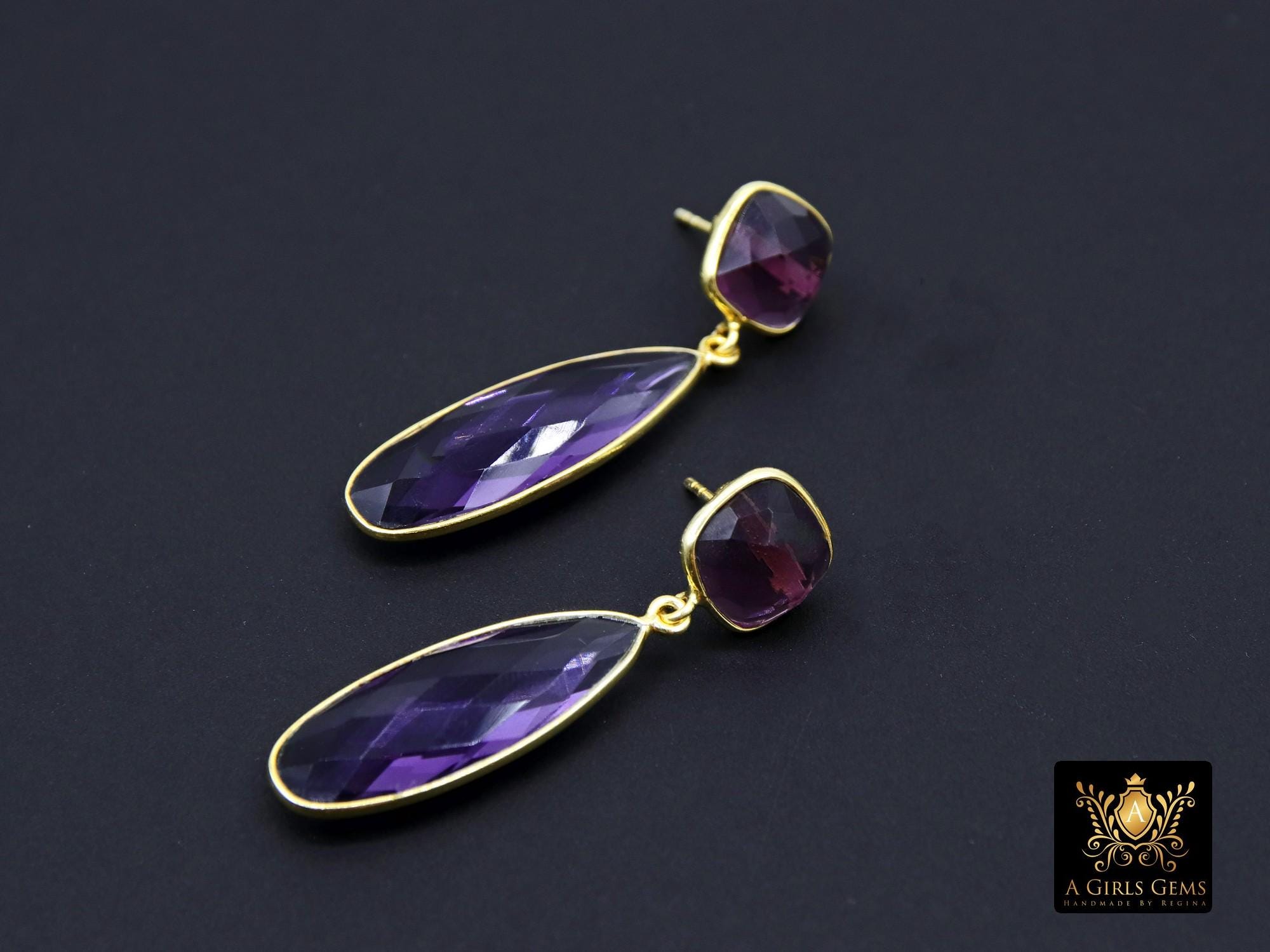 Purple Amethyst Stud Earrings, Gold Over 925 Silver Teardrop Gemstone, LSU Jewelry