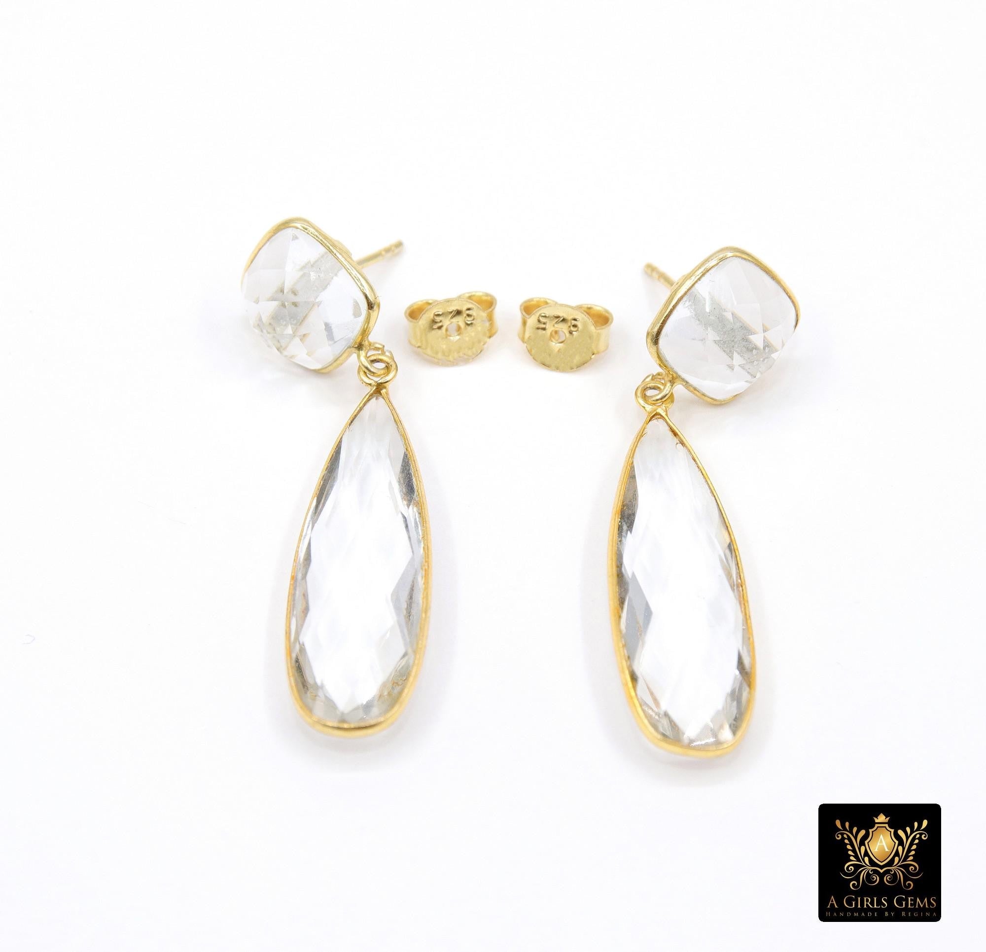 Clear Crystal Quartz Stud Earrings, Gold Over 925 Silver Teardrop Gemstone #192, Everyday Jewelry