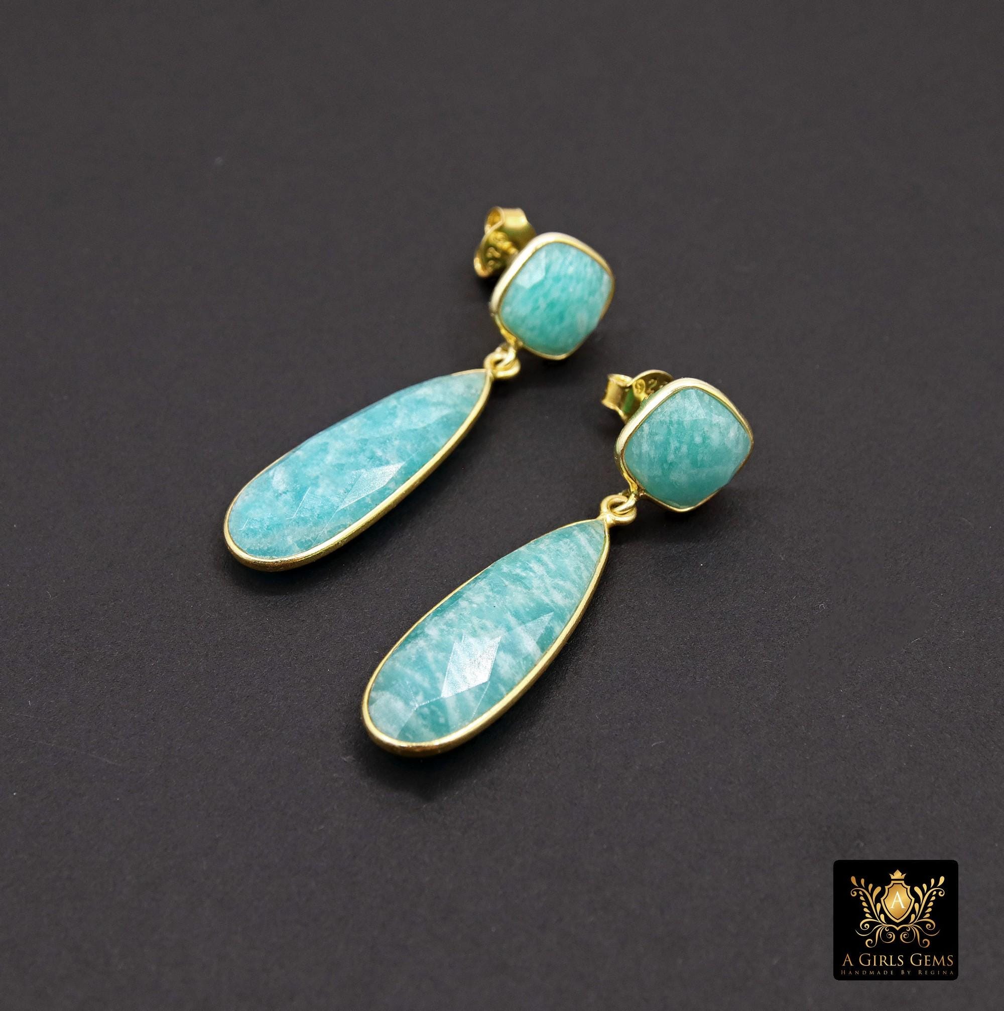 Amazonite Stud Earrings, Aqua Blue Gold Over 925 Silver Teardrop Gemstone, Dangle Earring Jewelry