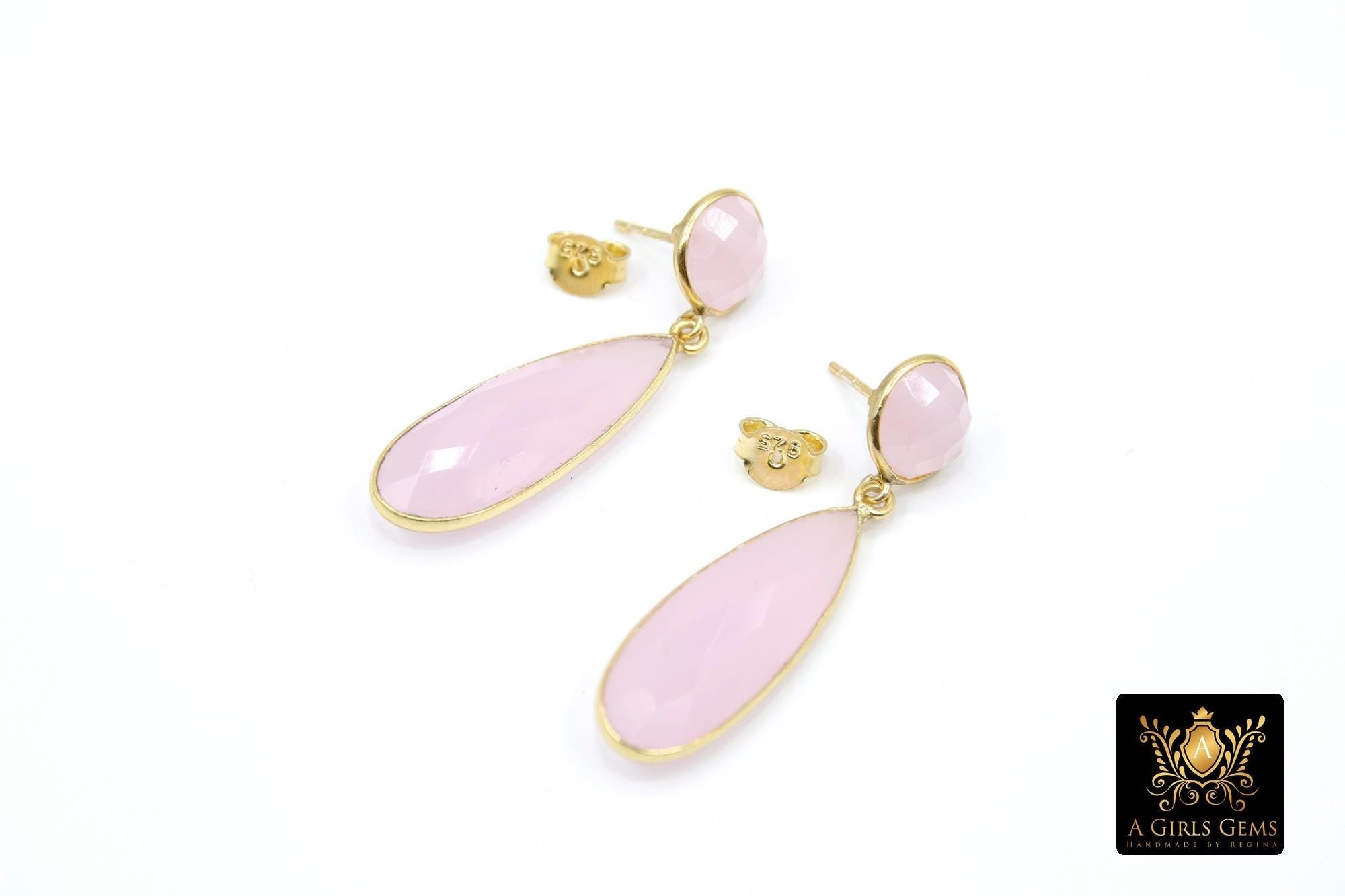 Rose Quartz Stud Earrings, Pink Gold Over 925 Silver Teardrop Gemstone, Dangle Earring Jewelry