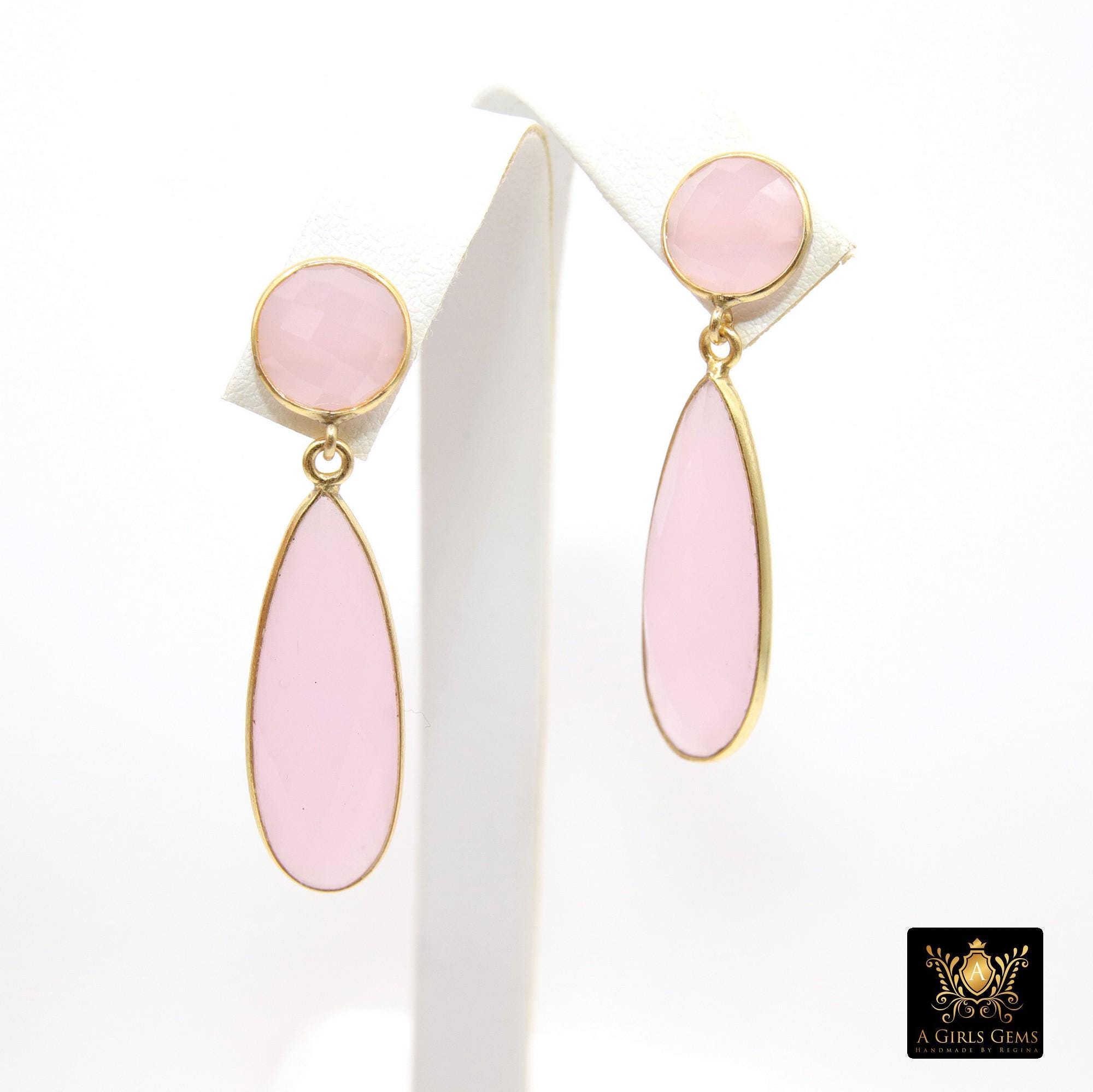 Rose Quartz Stud Earrings, Pink Gold Over 925 Silver Teardrop Gemstone, Dangle Earring Jewelry