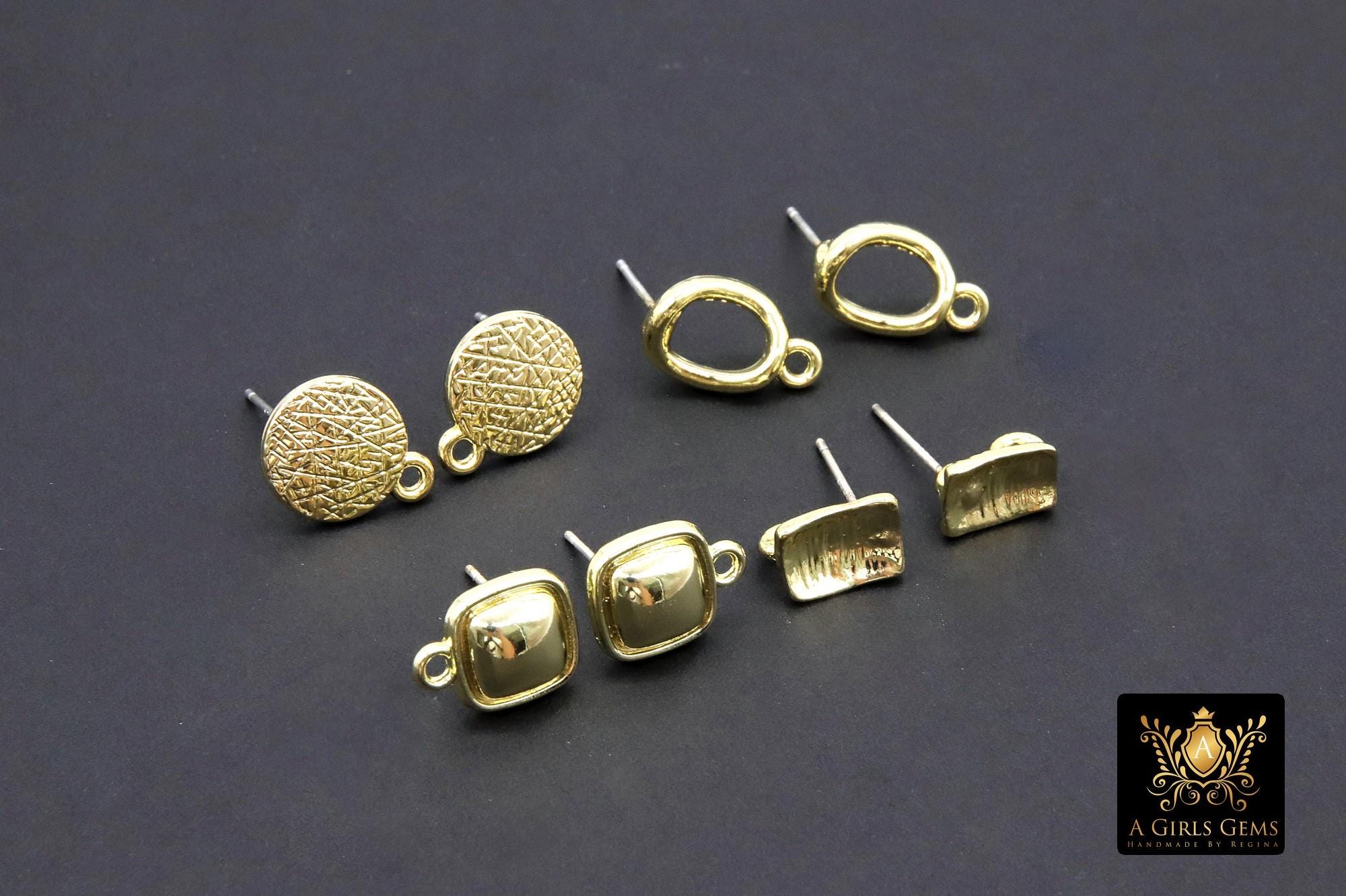 Gold Post Stud Earring Findings, 6 Pieces 10 mm Gold Plated Round or Square #3625, Rectangle Shaped Post Earrings