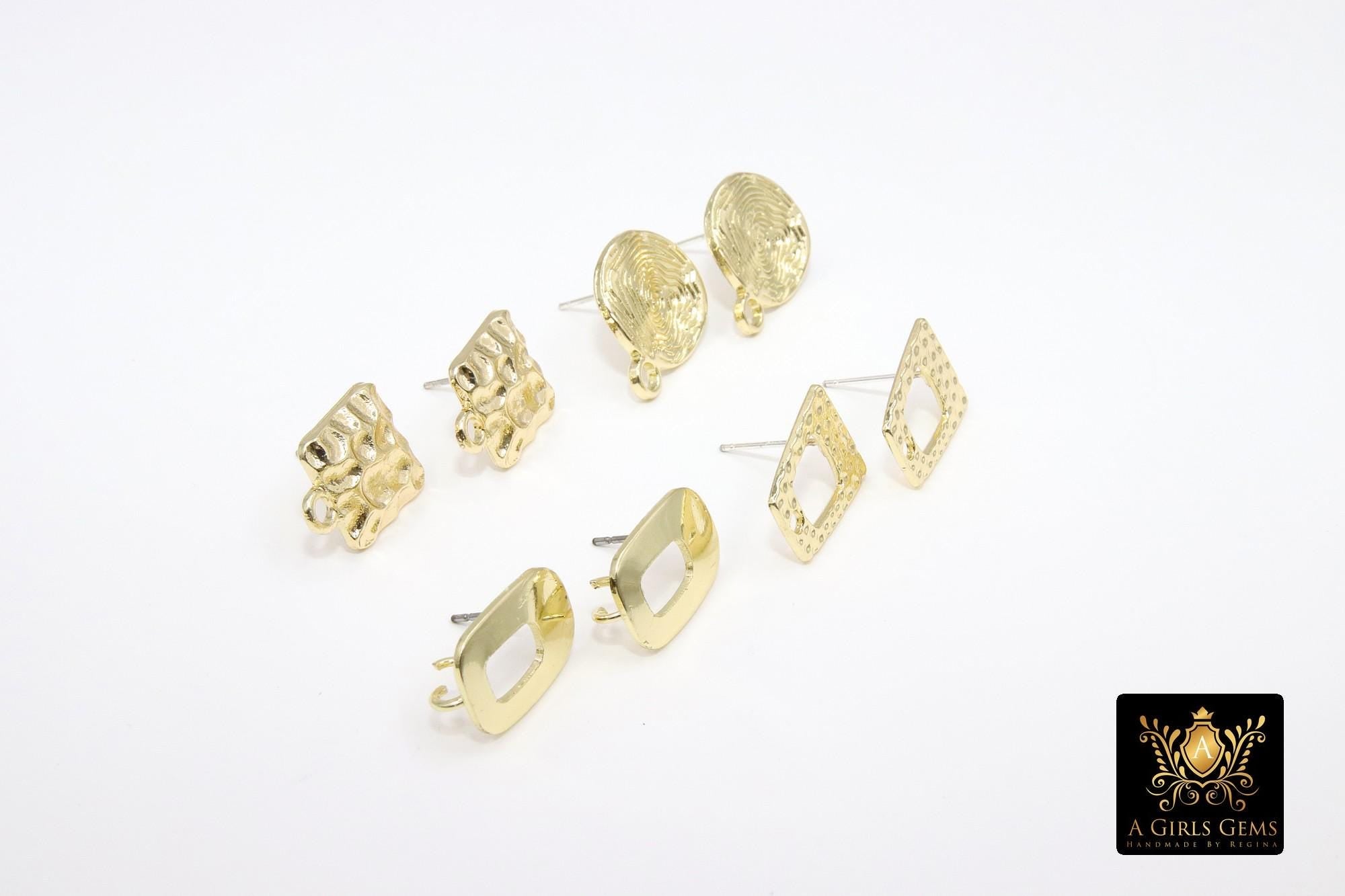 Gold Post Stud Earring Findings, 6 Pieces 10 mm Gold Plated Round, Textured Square #3630