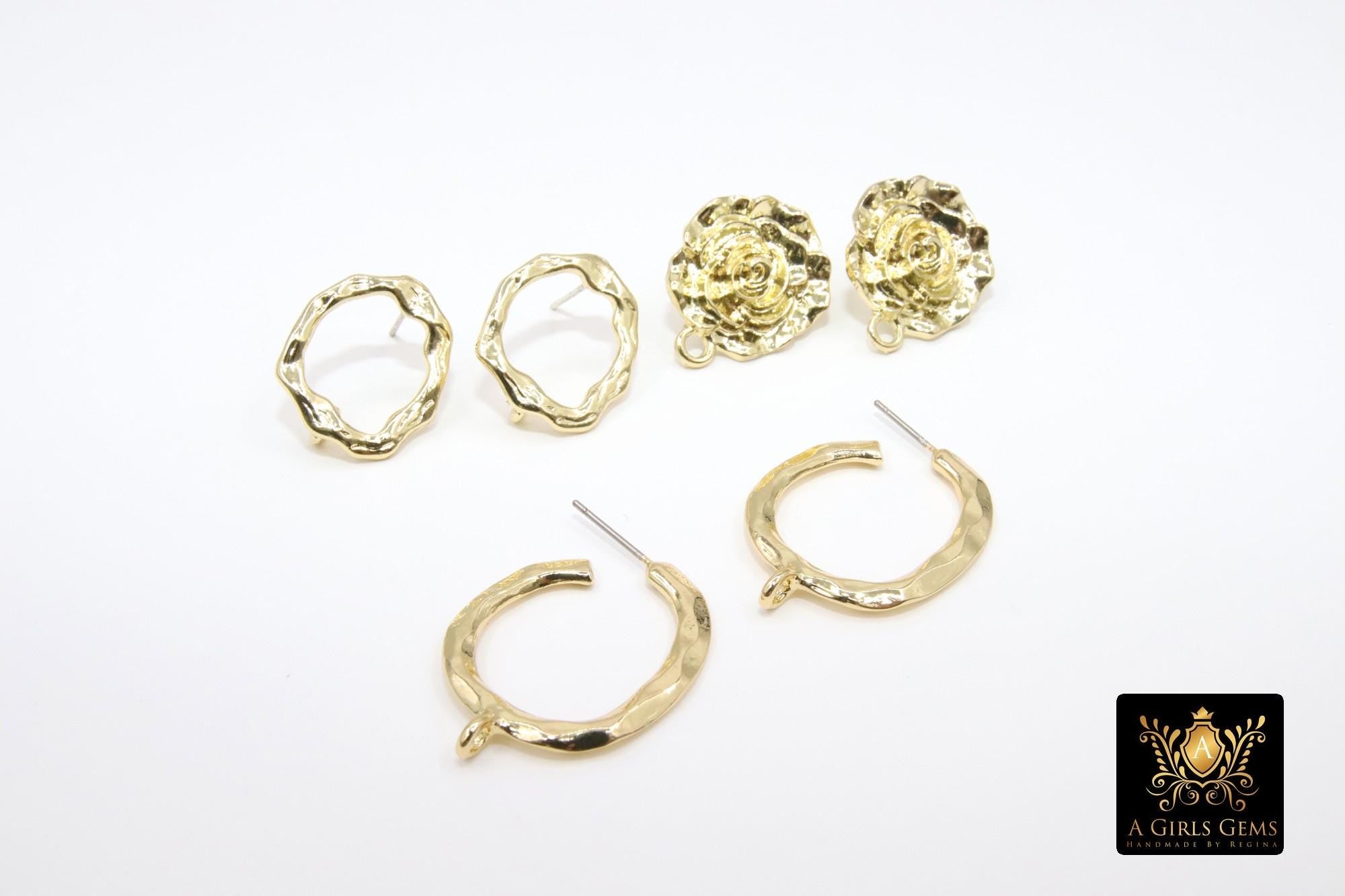 Gold Earring Studs With Loop Links, 10 mm Post Stud Gold Plated Round Shaped #3633, Hoop Post Earrings