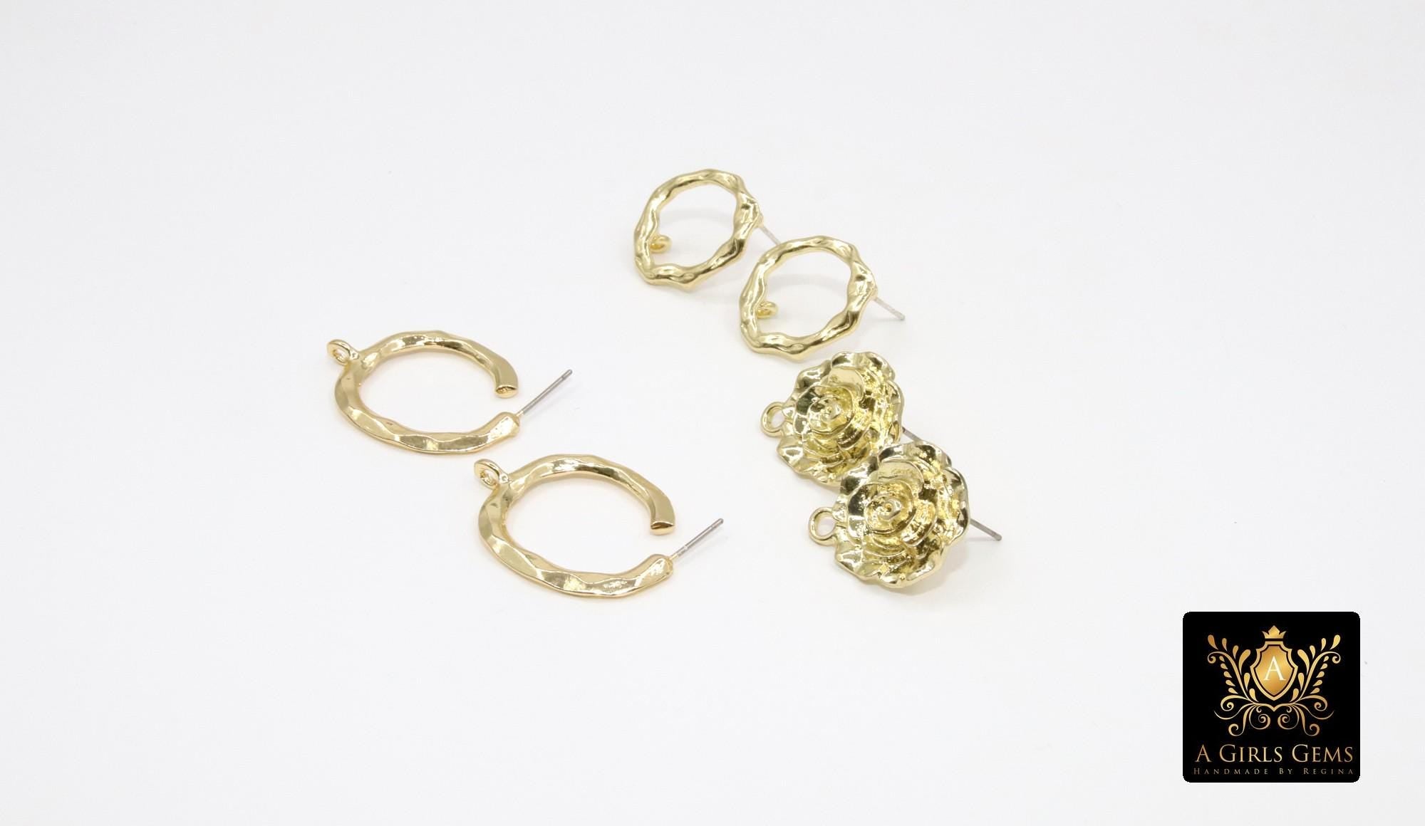 Gold Earring Studs With Loop Links, 10 mm Post Stud Gold Plated Round Shaped #3633, Hoop Post Earrings