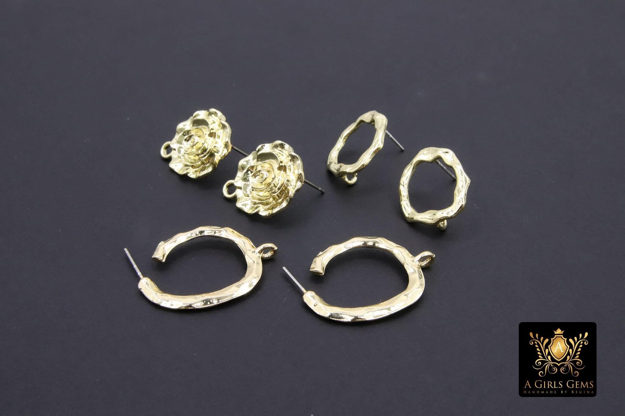 Gold Earring Studs With Loop Links, 10 mm Post Stud Gold Plated Round Shaped #3633, Hoop Post Earrings