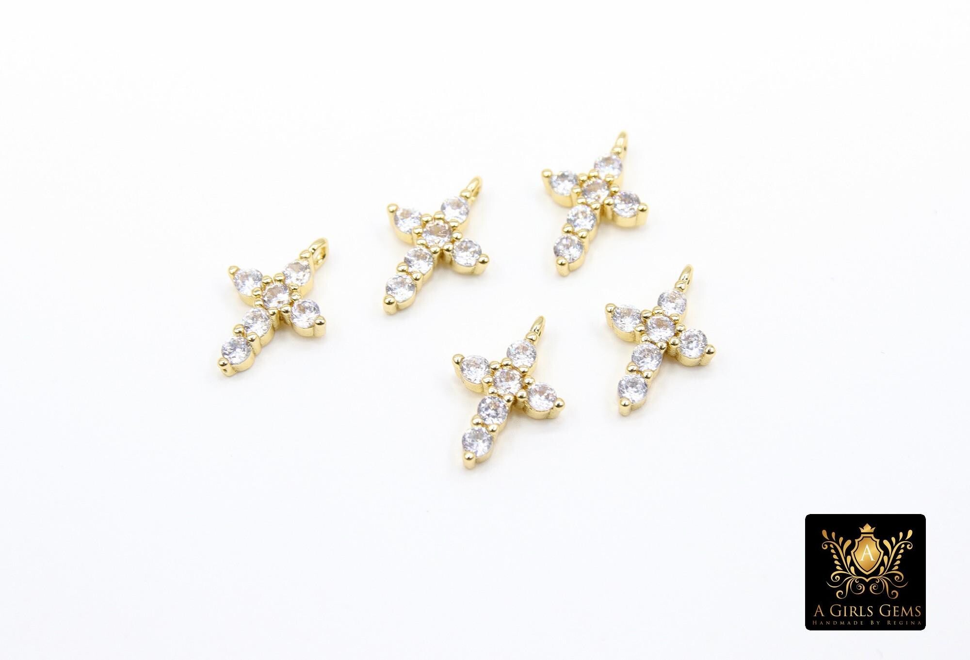 Gold CZ Cross Charms, Cubic Zirconia Cross Charms With Perpendicular Loops #2649, Lariat Cross Charms