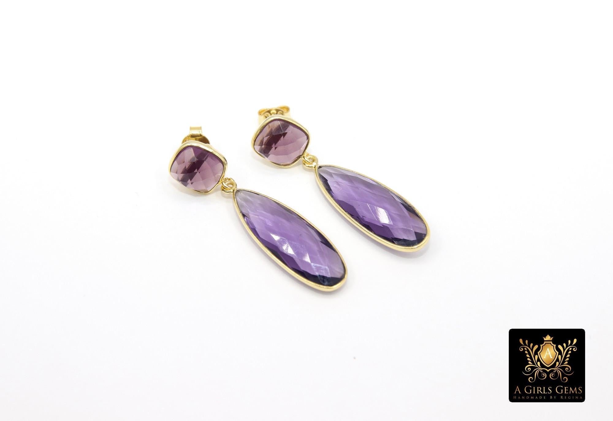 Purple Amethyst Stud Earrings, Gold Over 925 Silver Teardrop Gemstone, LSU Jewelry, Tiger Prom Earrings