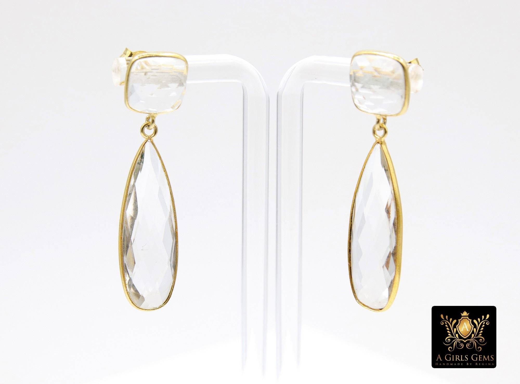 Clear Crystal Quartz Stud Earrings, Gold Over 925 Silver Teardrop Gemstone, Everyday Jewelry