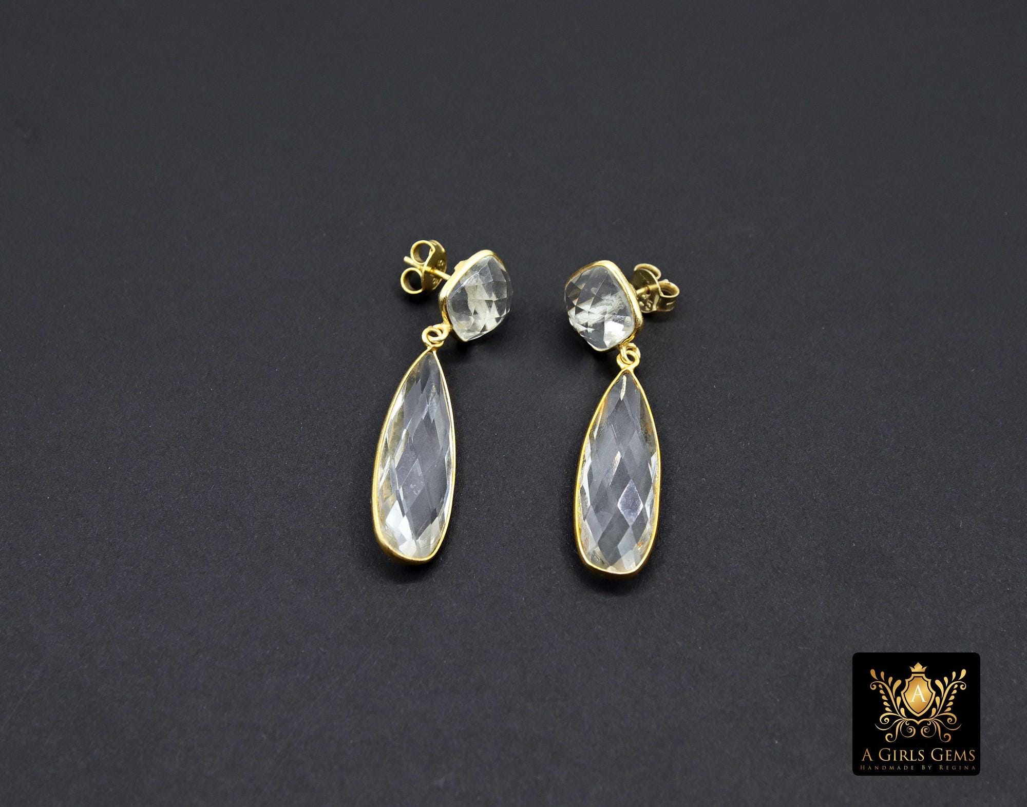 Clear Crystal Quartz Stud Earrings, Gold Over 925 Silver Teardrop Gemstone #192, Everyday Jewelry