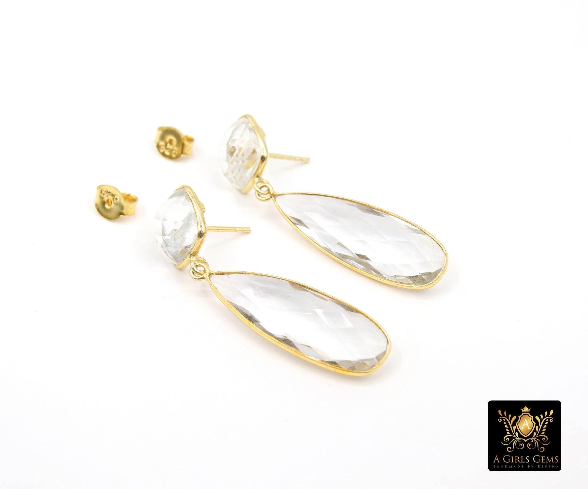 Clear Crystal Quartz Stud Earrings, Gold Over 925 Silver Teardrop Gemstone #192, Everyday Jewelry