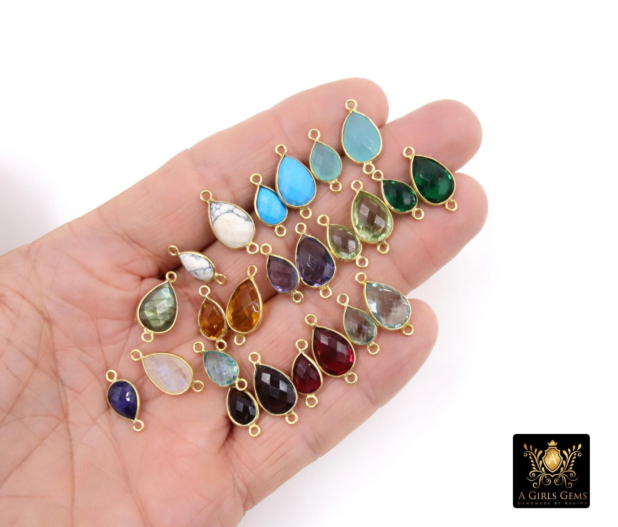 Teardrop Gemstone Connectors, Gold Gemstone Links #2994, Gold Over 925 Sterling Silver Birthstone 2 Loop Links