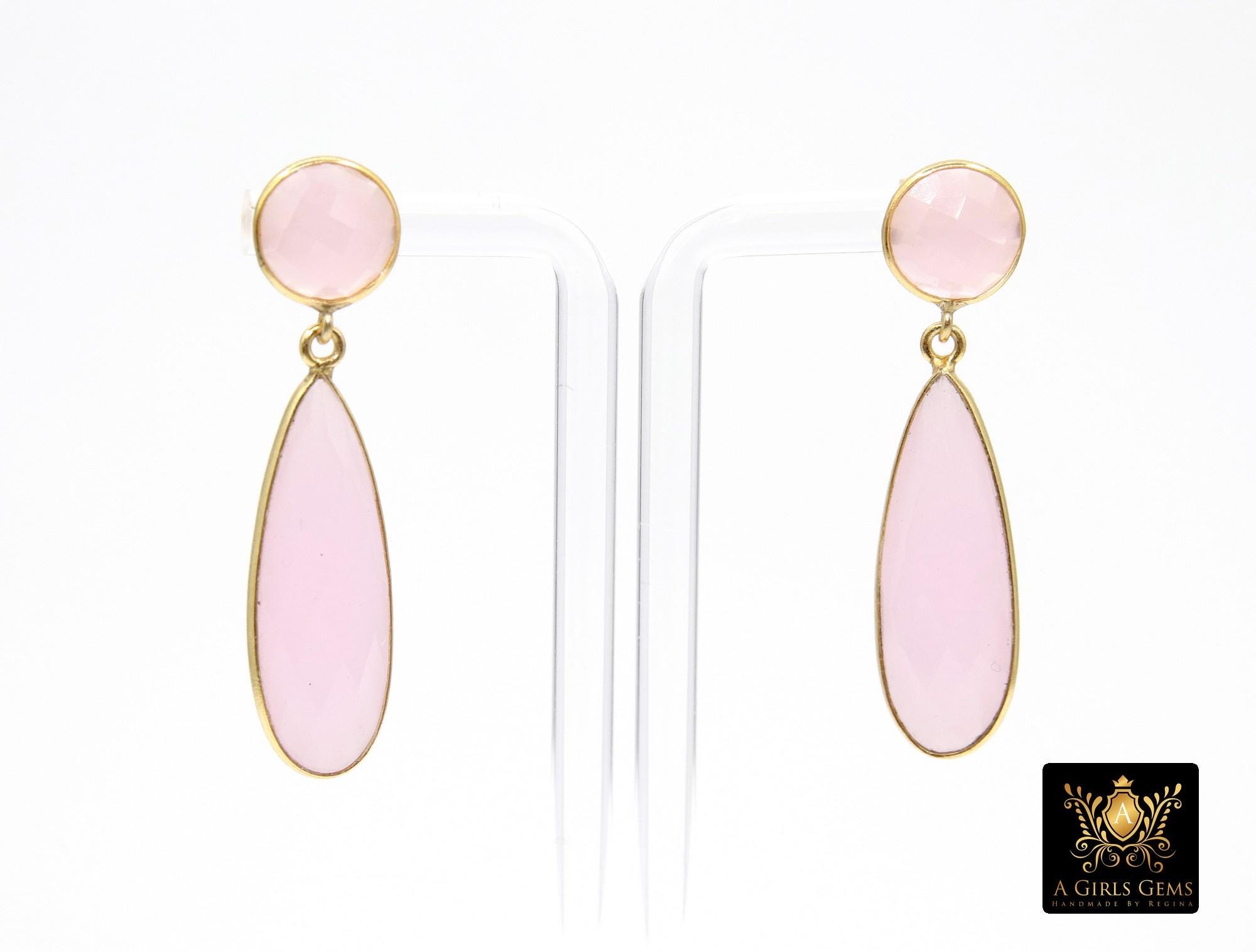 Rose Quartz Stud Earrings, Pink Gold Over 925 Silver Teardrop Gemstone, Dangle Earring Jewelry