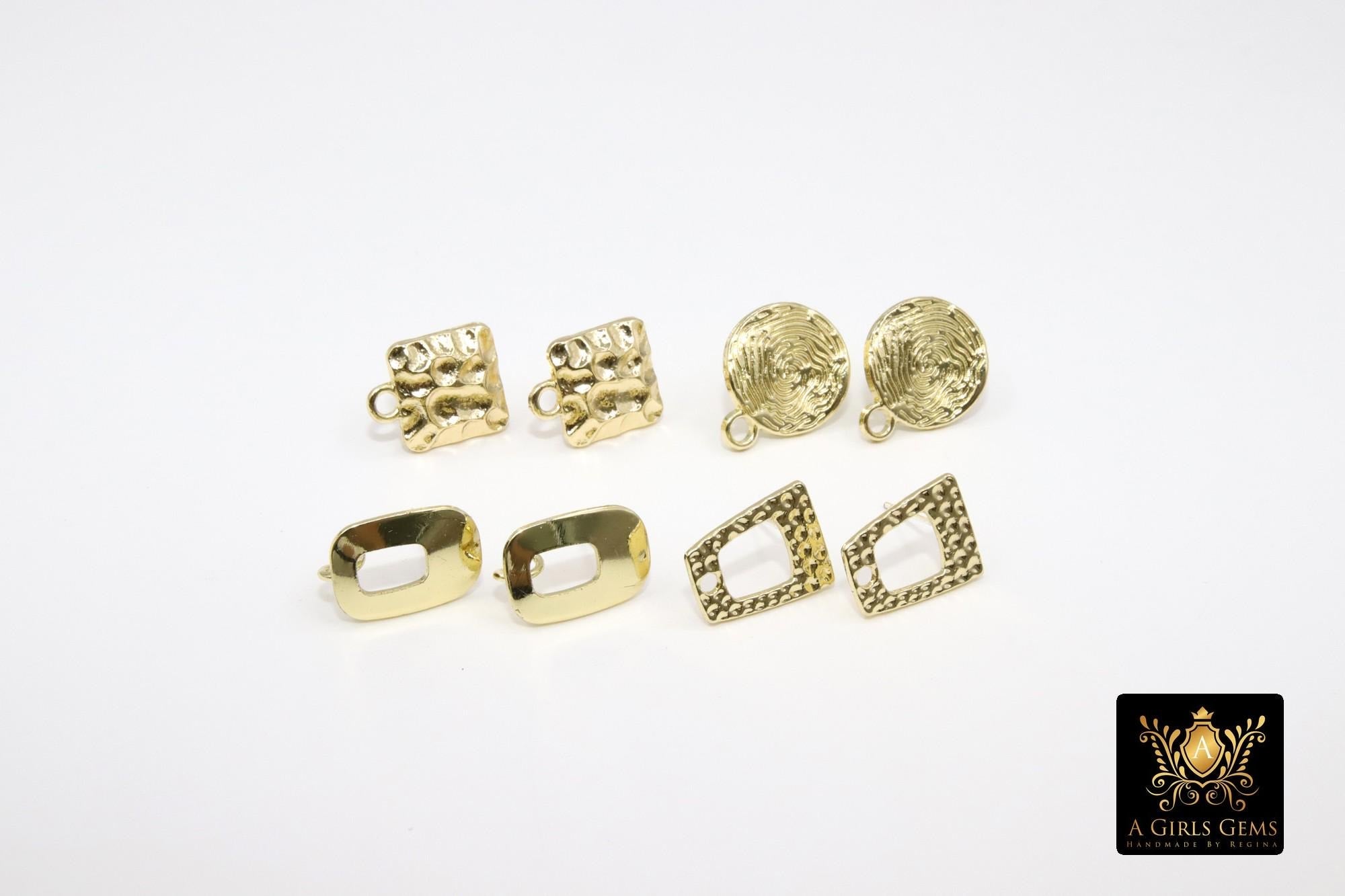 Gold Post Stud Earring Findings, 6 Pieces 10 mm Gold Plated Round, Textured Square #3630