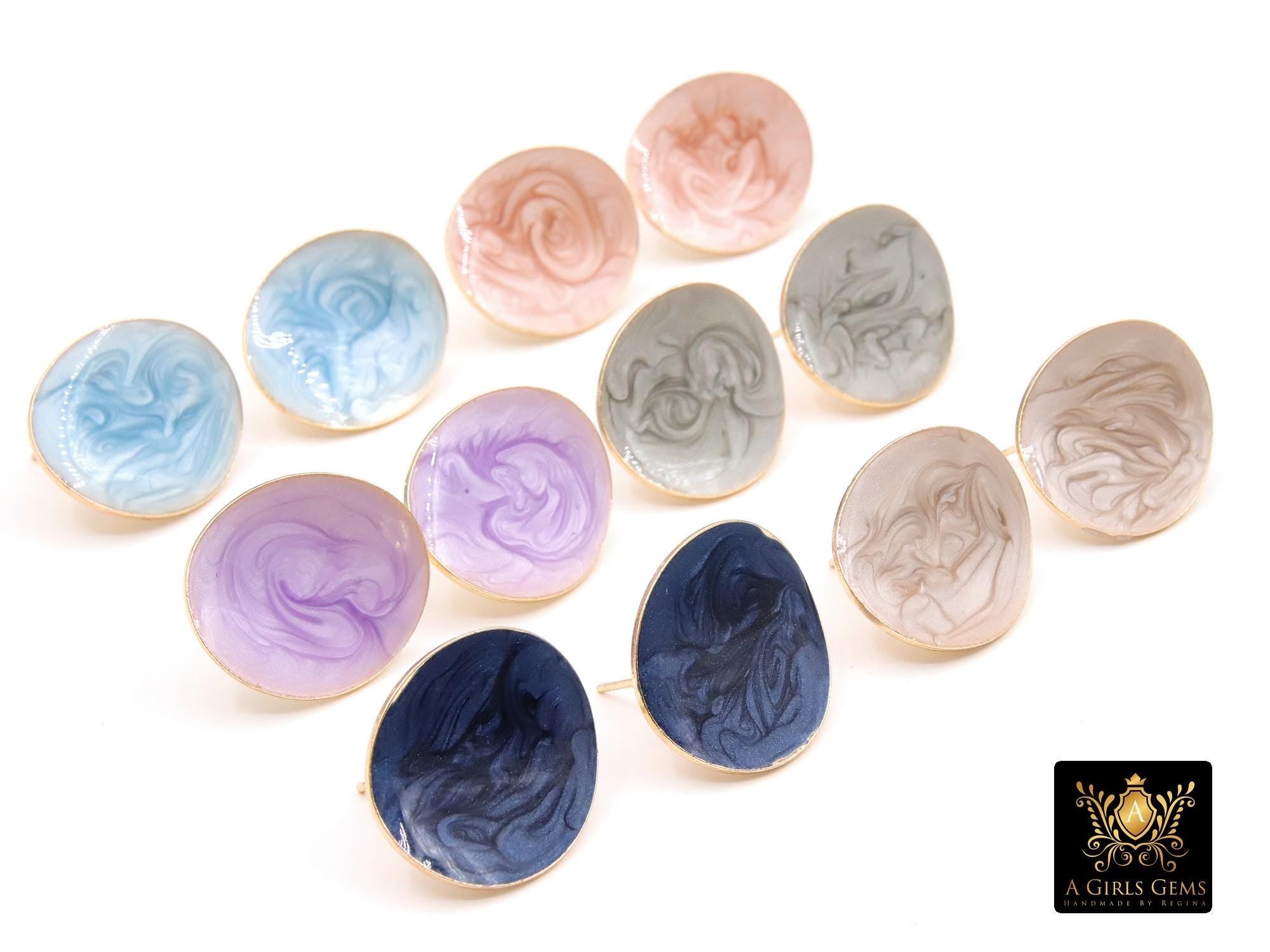 Gold Colorful Earring Studs With Open Loop Connector, Enamel Marble Post Stud Gold Plated Round Stud #3653, Hoop Post Earrings