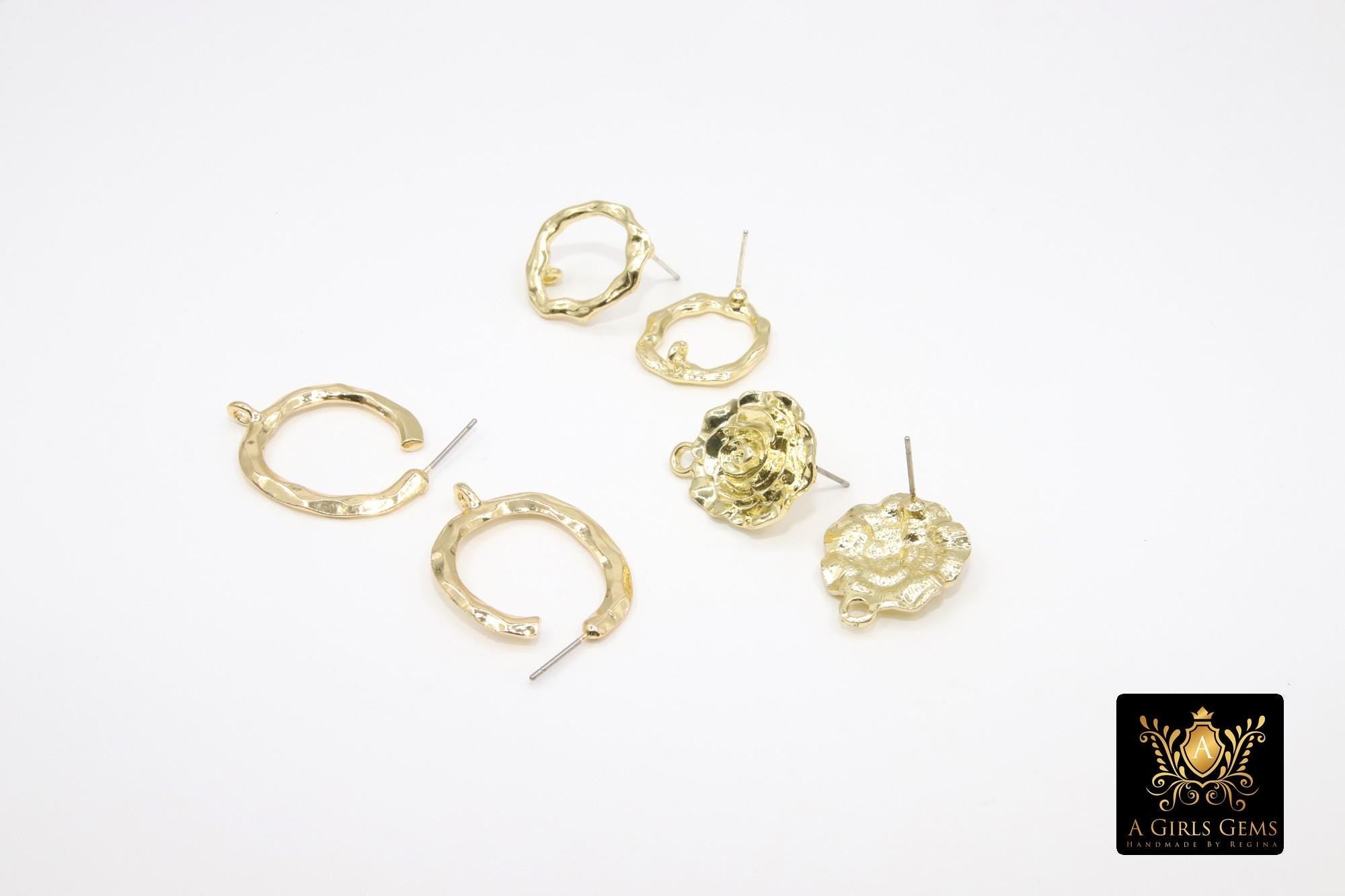 Gold Earring Studs With Loop Links, 10 mm Post Stud Gold Plated Round Shaped #3633, Hoop Post Earrings
