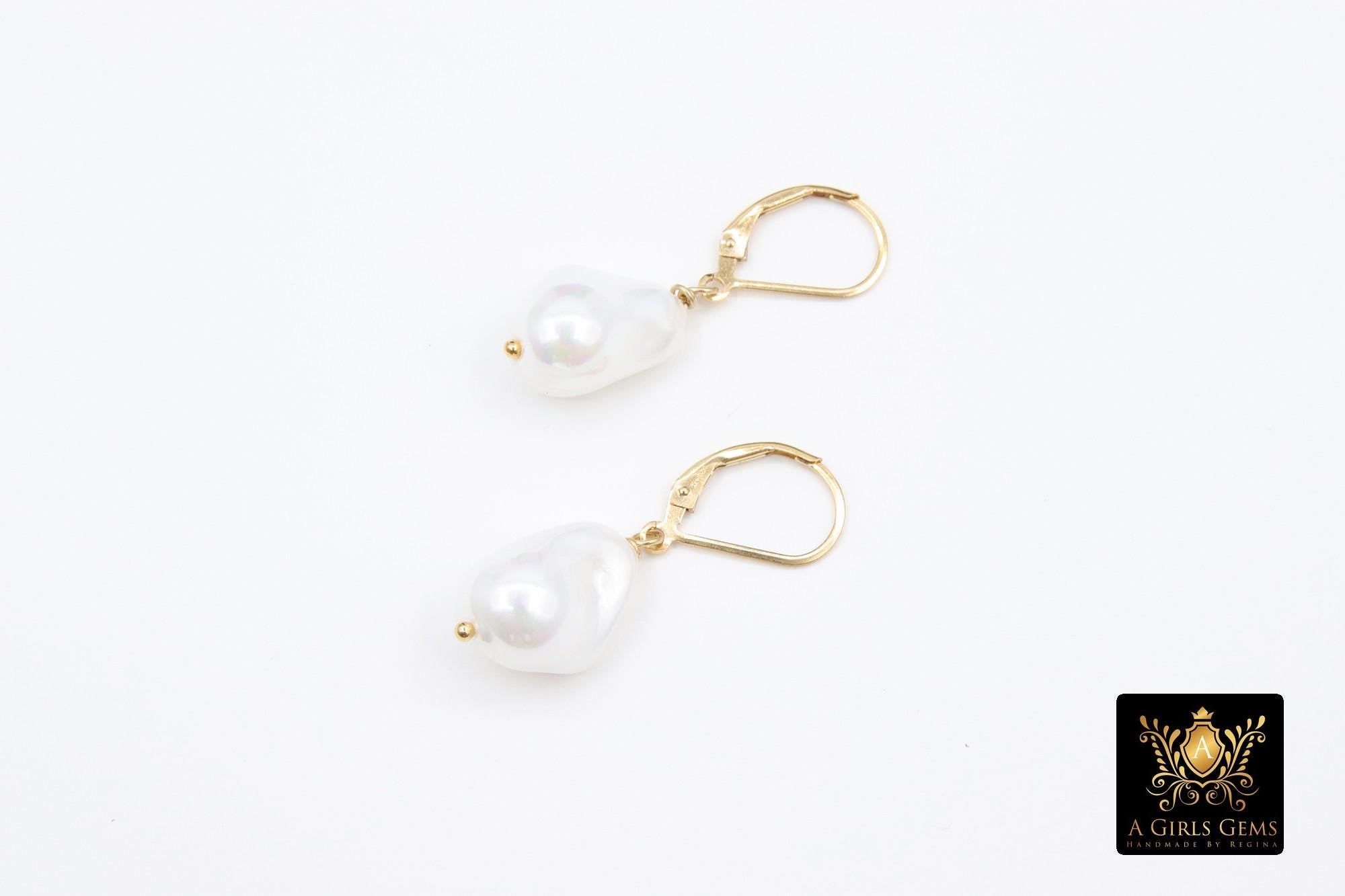 14 K Gold Filled Pearl Drop Earrings, Gold Filled Leverback Ear Wires, Wire Wrap 12 mm Barquoe Pearl, June Birthstone, Gifts For Her