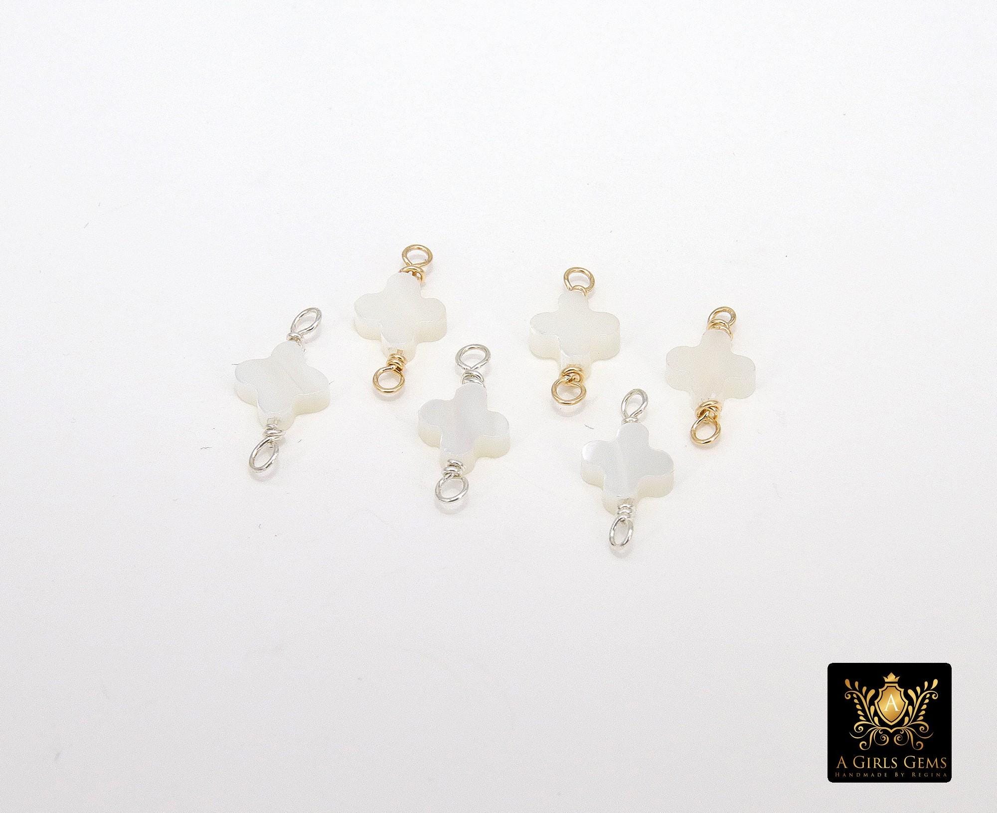 14 K Gold Filled Clover Connector, 925 Sterling Silver Handmade Wire Wrapped Mother of Pearl Quatrefoil, Clover Links, Permanent Jewelry