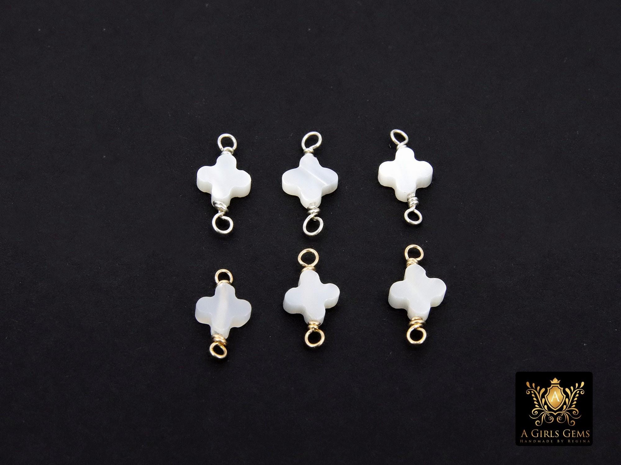 14 K Gold Filled Clover Connector, 925 Sterling Silver Handmade Wire Wrapped Mother of Pearl Quatrefoil, Clover Links, Permanent Jewelry