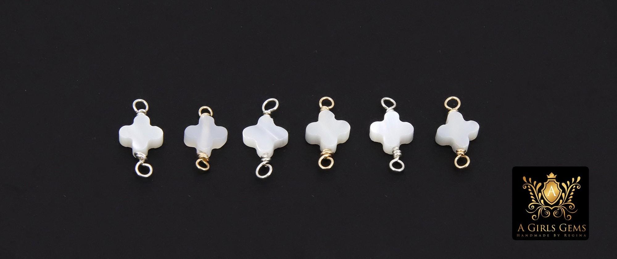 14 K Gold Filled Clover Connector, 925 Sterling Silver Handmade Wire Wrapped Mother of Pearl Quatrefoil, Clover Links, Permanent Jewelry