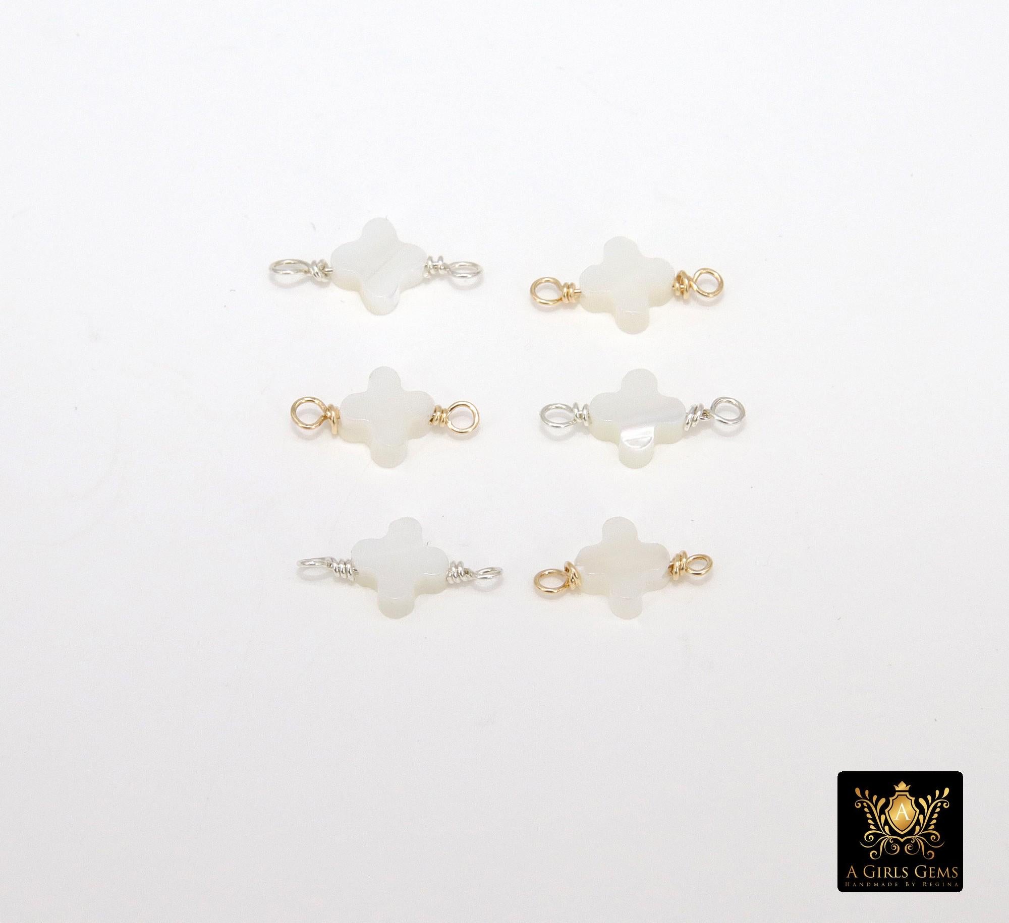 14 K Gold Filled Clover Connector, 925 Sterling Silver Handmade Wire Wrapped Mother of Pearl Quatrefoil, Beaded Clover Links, Permanent Jewelry Bead Links Findings
