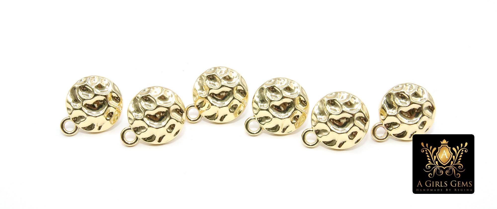 Gold Post Stud Earring Findings, 6 Pieces 13 mm Gold Plated Round or Textured Square #3634, Hammered Round Post Earrings, Loops For Charms