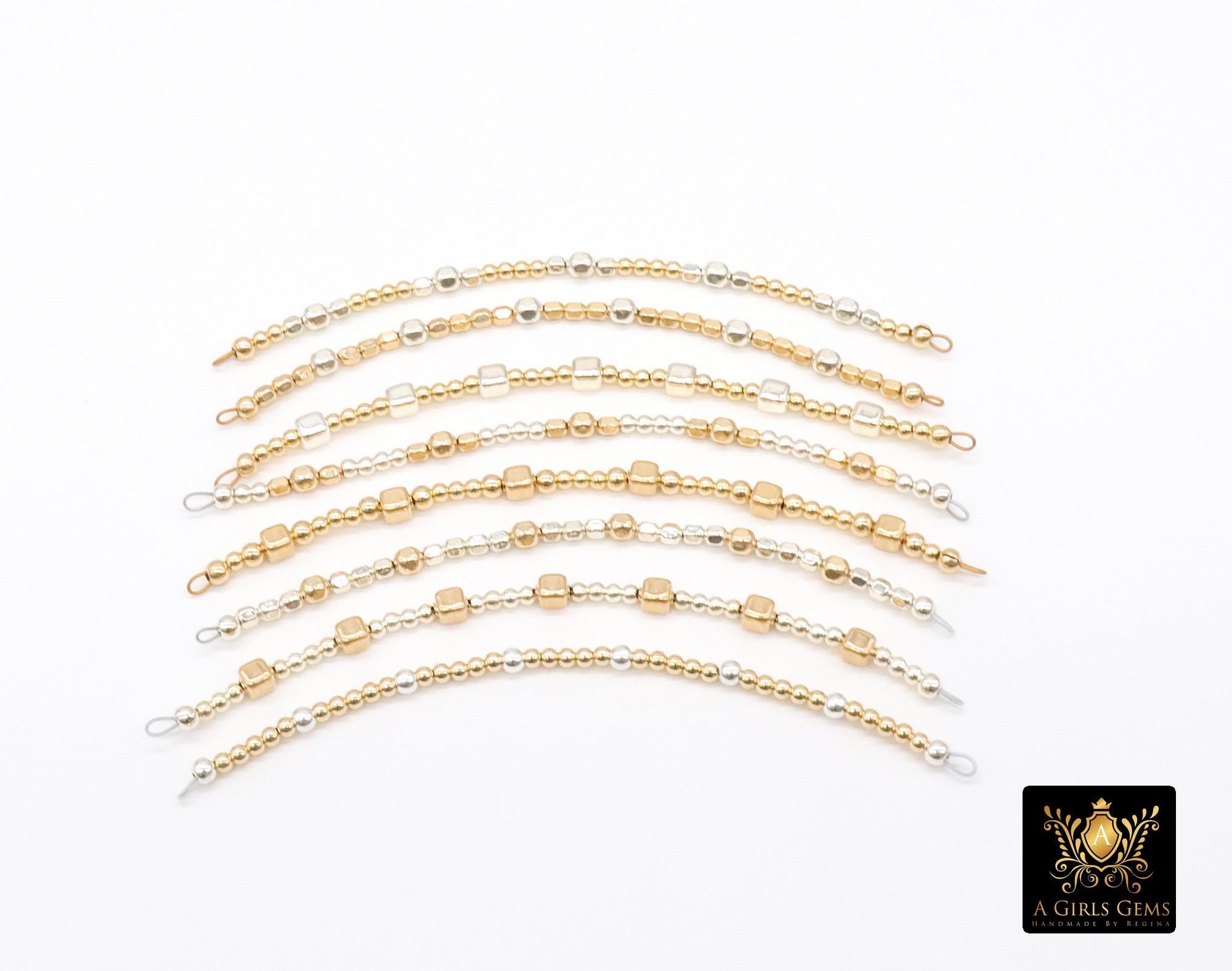 14 K Gold Filled Beaded Connectors, Long Bar 925 Sterling Silver Square Faceted Nuggets #3618, Permanent Jewelry