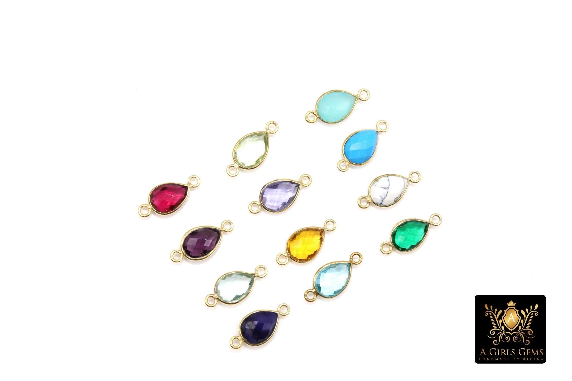 Teardrop Gemstone Connectors, Gold Gemstone Links #2994, Gold Over 925 Sterling Silver Birthstone 2 Loop Links