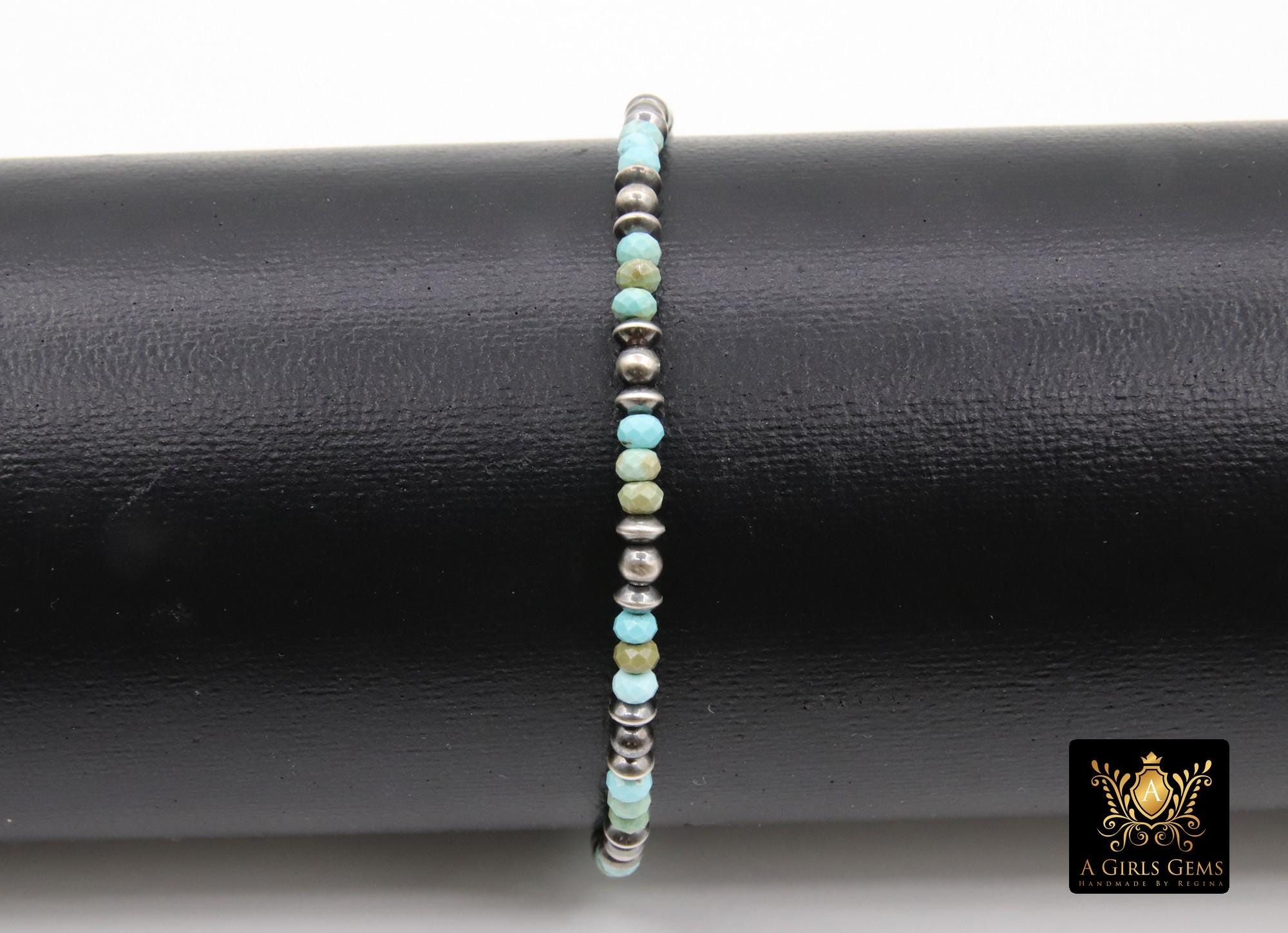 Blue Turquoise Beaded Gemstone Bracelet, 925 Sterling Silver Turquoise Beaded Bracelet, Navajo Pearl Oxidized Handmade Stacking Bracelet