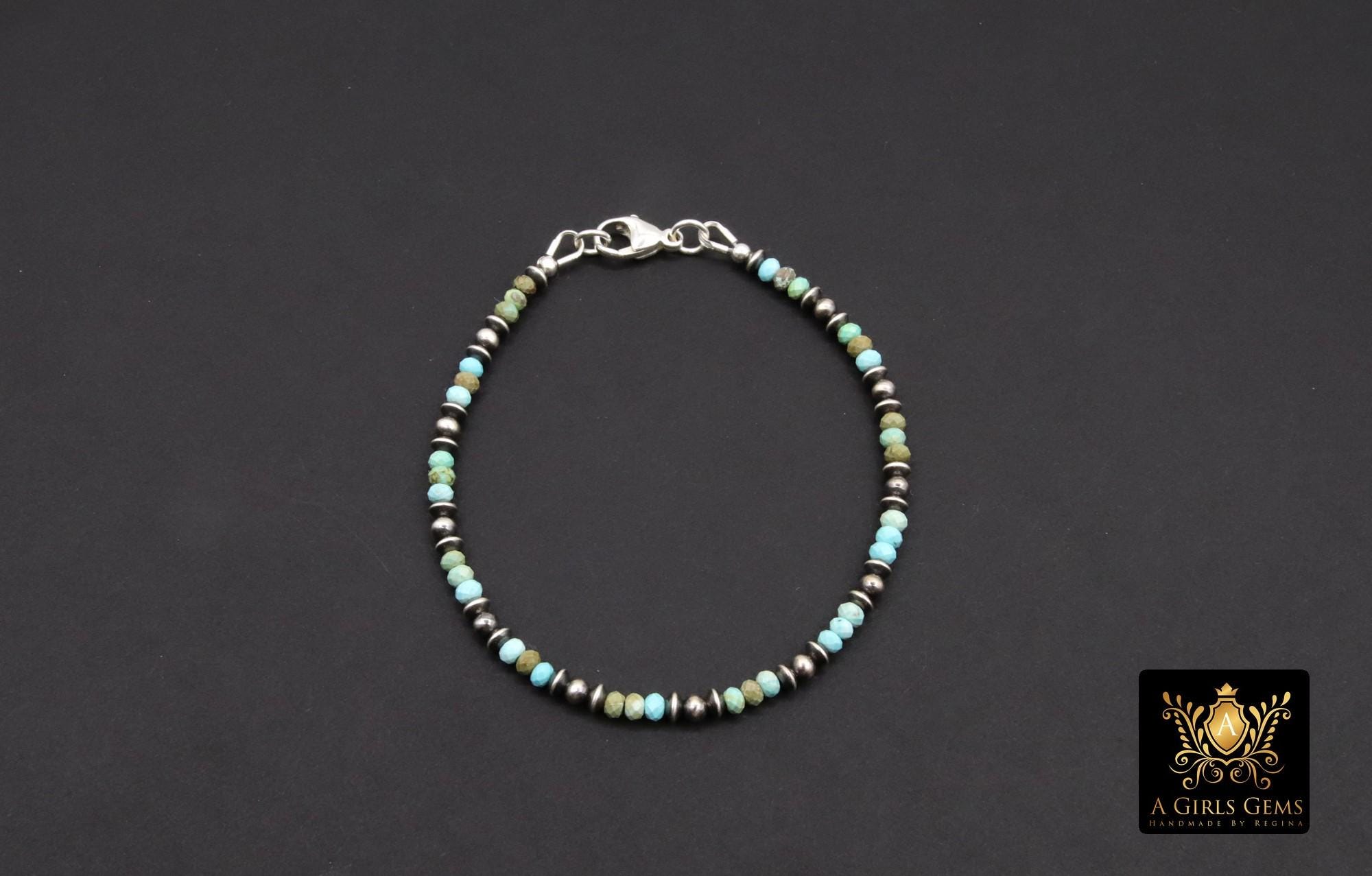 Blue Turquoise Beaded Gemstone Bracelet, 925 Sterling Silver Turquoise Beaded Bracelet, Navajo Pearl Oxidized Handmade Stacking Bracelet