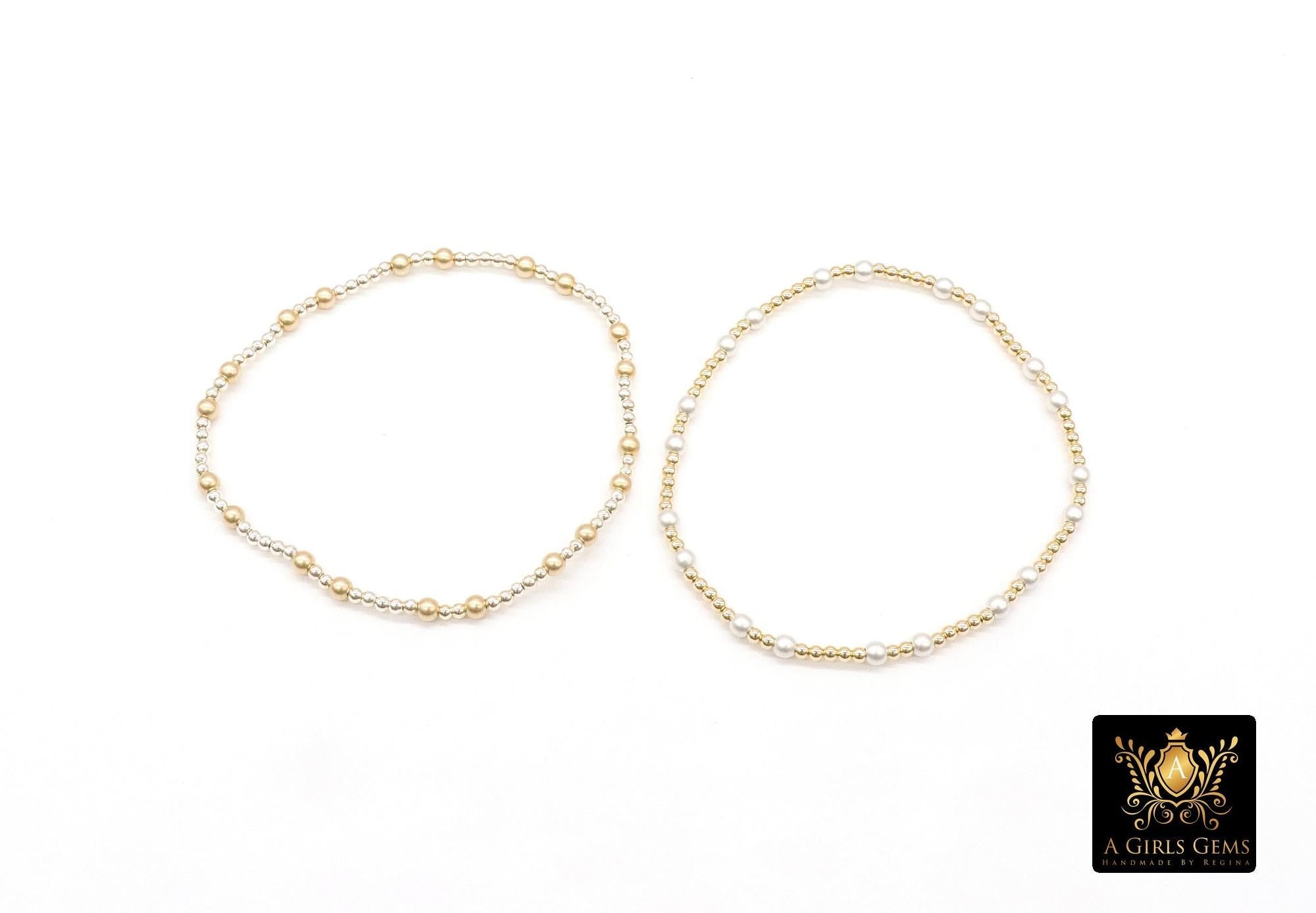 14K Gold Filled Matte Beaded Bracelet, 925 Sterling Silver Mixed Metal Stretchy Women's Bangle, Stacking Bracelets, Hand Made