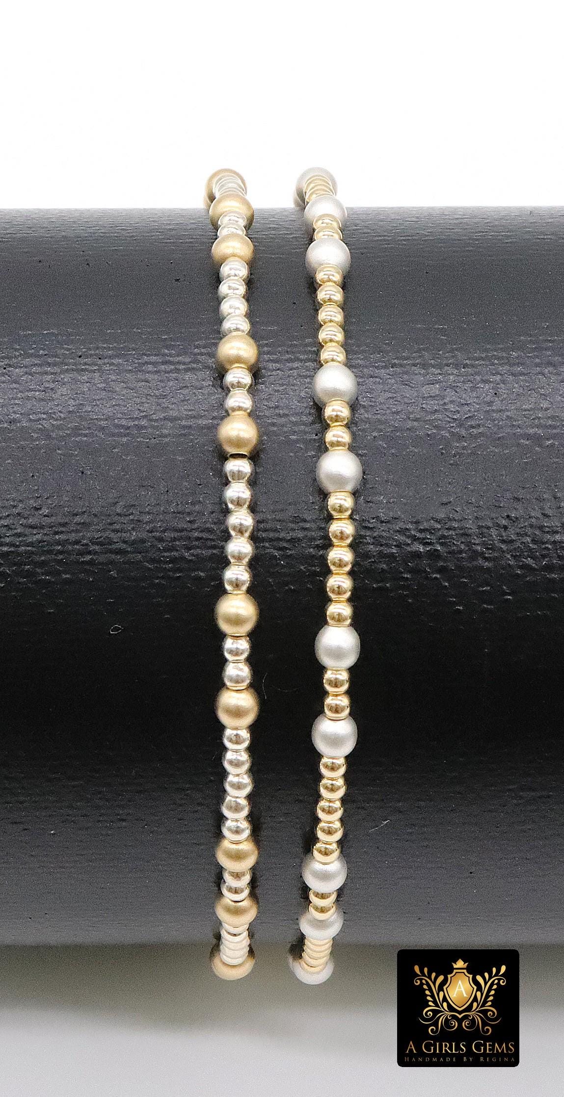 14K Gold Filled Matte Beaded Bracelet, 925 Sterling Silver Mixed Metal Stretchy Women's Bangle, Stacking Bracelets, Hand Made