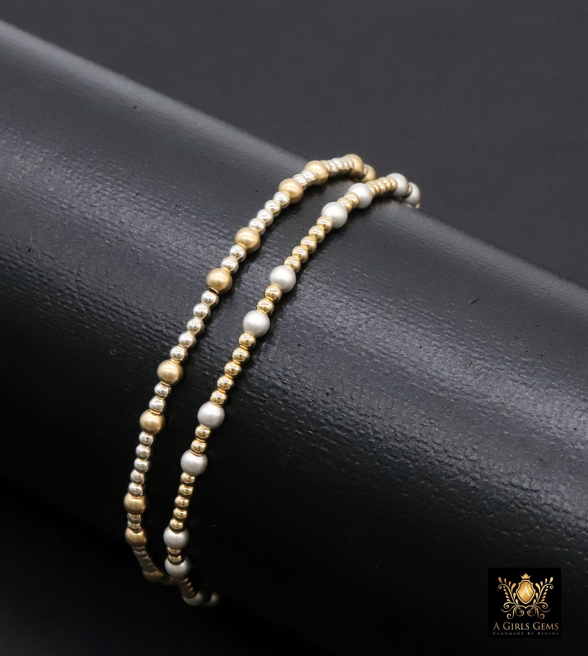 14K Gold Filled Matte Beaded Bracelet, 925 Sterling Silver Mixed Metal Stretchy Women's Bangle, Stacking Bracelets, Hand Made