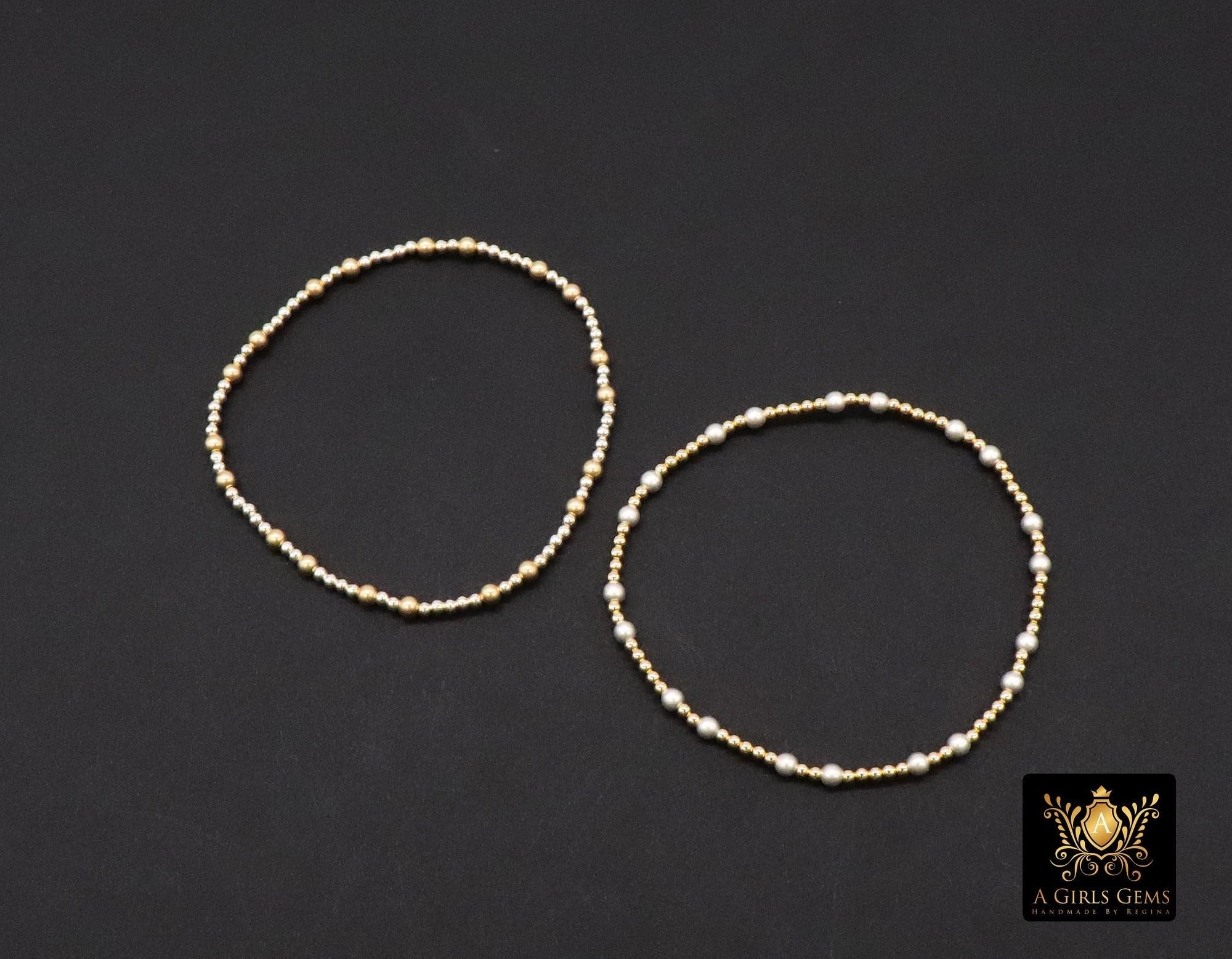 14K Gold Filled Matte Beaded Bracelet, 925 Sterling Silver Mixed Metal Stretchy Women's Bangle, Stacking Bracelets, Hand Made