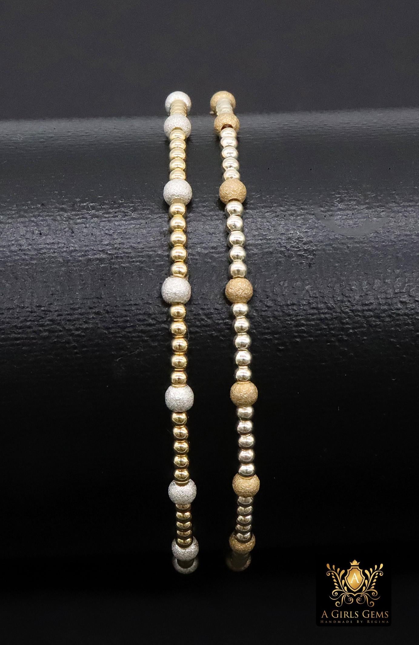 14K Gold Filled Stardust Beaded Bracelet, 925 Sterling Silver Mixed Metal Glittery Stretchy Women's Bangle, Stacking Bracelets