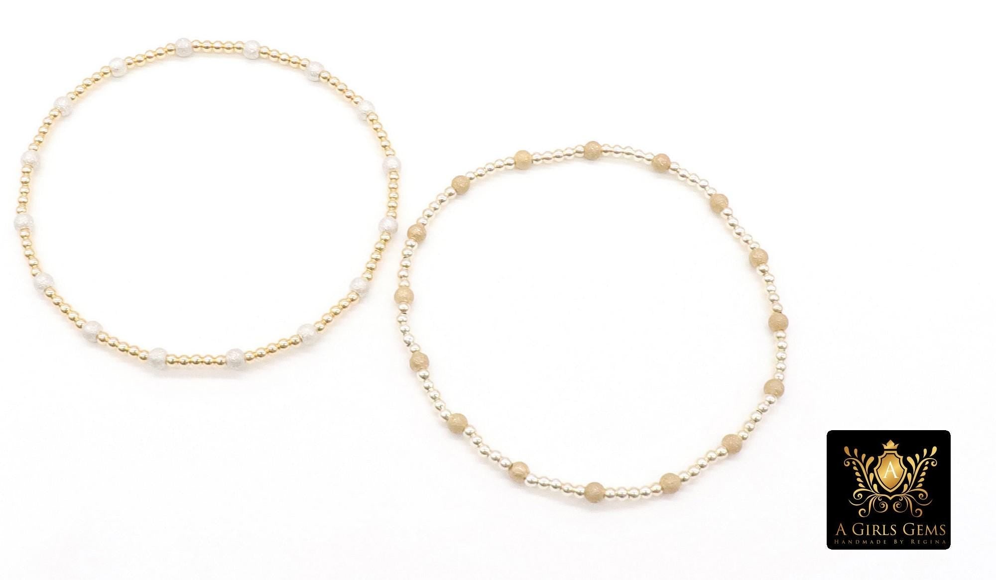 14K Gold Filled Stardust Beaded Bracelet, 925 Sterling Silver Mixed Metal Glittery Stretchy Women's Bangle, Stacking Bracelets, Hand Made