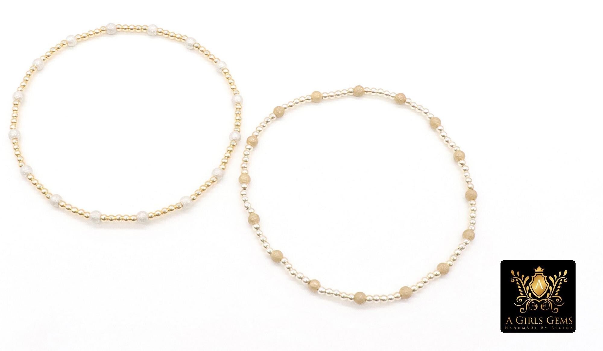 14K Gold Filled Stardust Beaded Bracelet, 925 Sterling Silver Mixed Metal Glittery Stretchy Women's Bangle, Stacking Bracelets