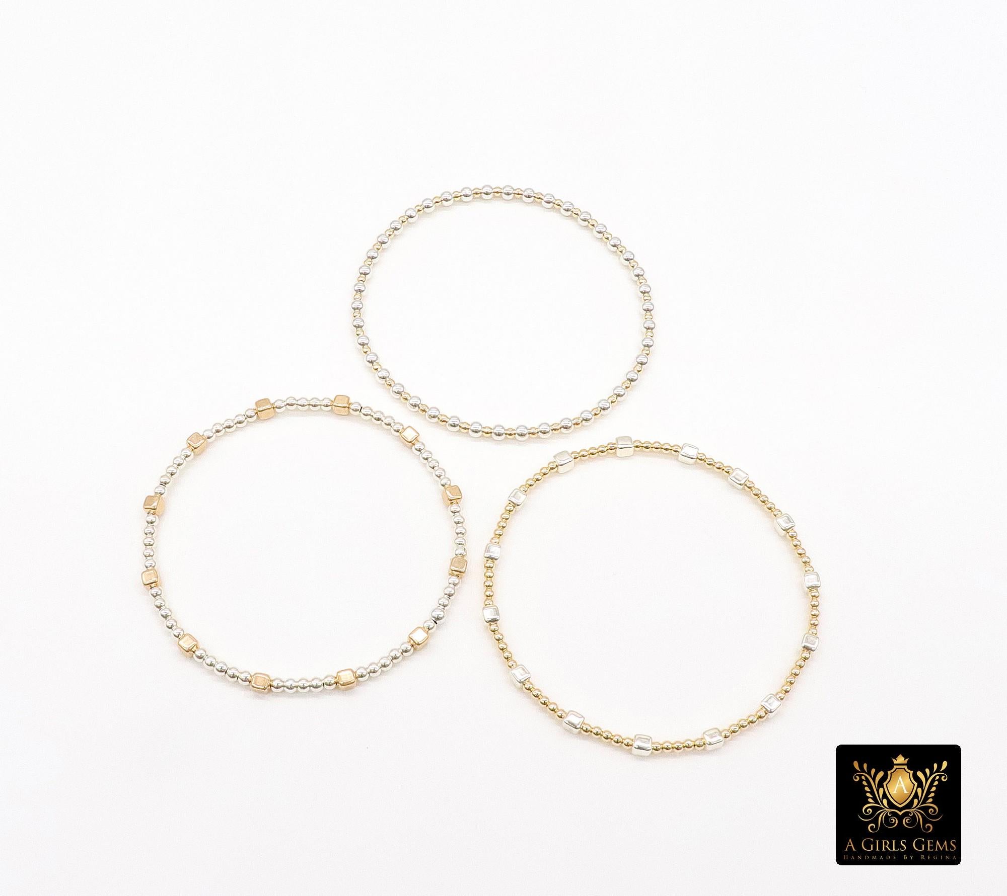 14K Gold Filled Cube Beaded Bracelet, 925 Sterling Silver Mixed Metal Stretchy Women's Bangle, Square Bead Stacking Bracelets, Handmade