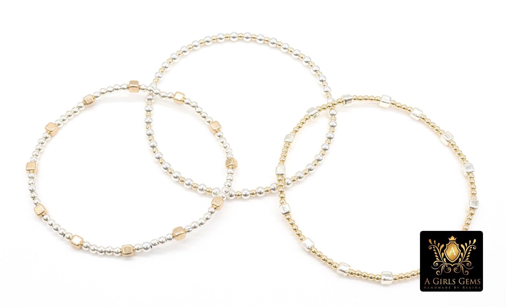 14K Gold Filled Cube Beaded Bracelet, 925 Sterling Silver Mixed Metal Stretchy Women's Bangle, Square Bead Stacking Bracelets, Handmade