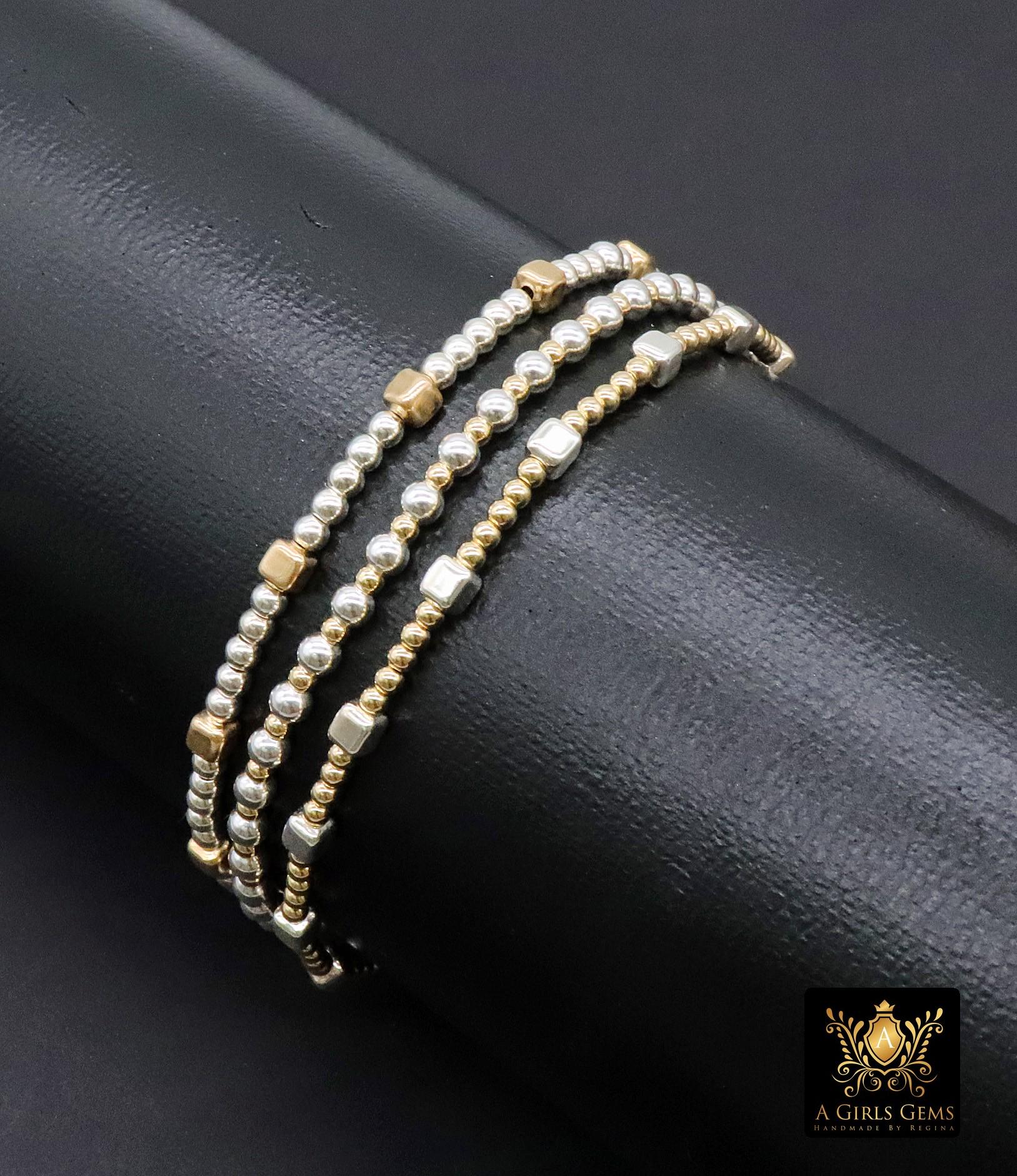14K Gold Filled Cube Beaded Bracelet, 925 Sterling Silver Mixed Metal Stretchy Women's Bangle, Square Bead Stacking Bracelets, Handmade