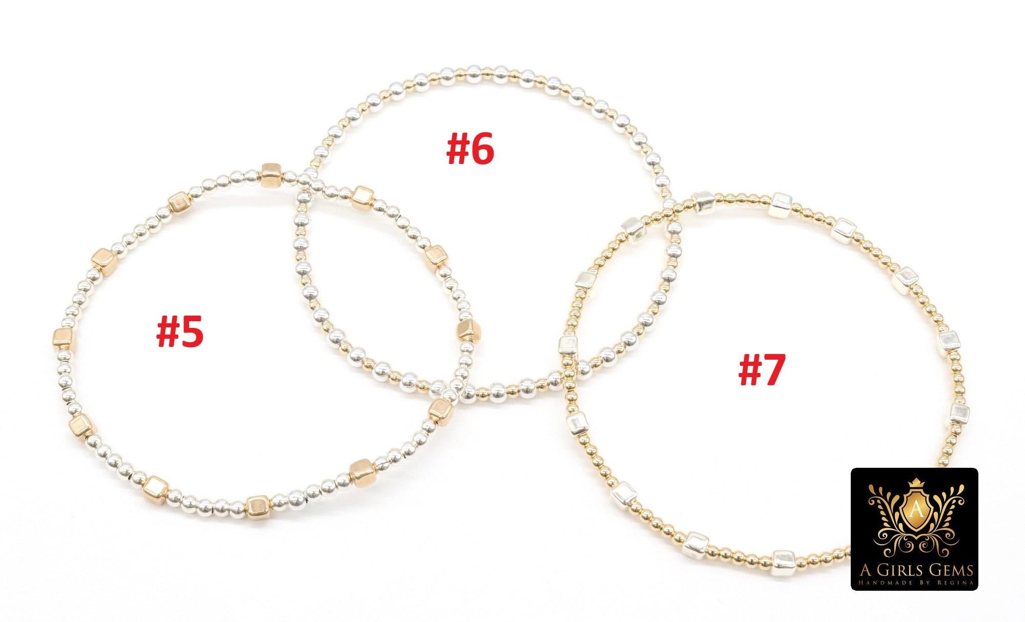 14K Gold Filled Cube Beaded Bracelet, 925 Sterling Silver Mixed Metal Stretchy Women's Bangle, Square Bead Stacking Bracelets, Handmade