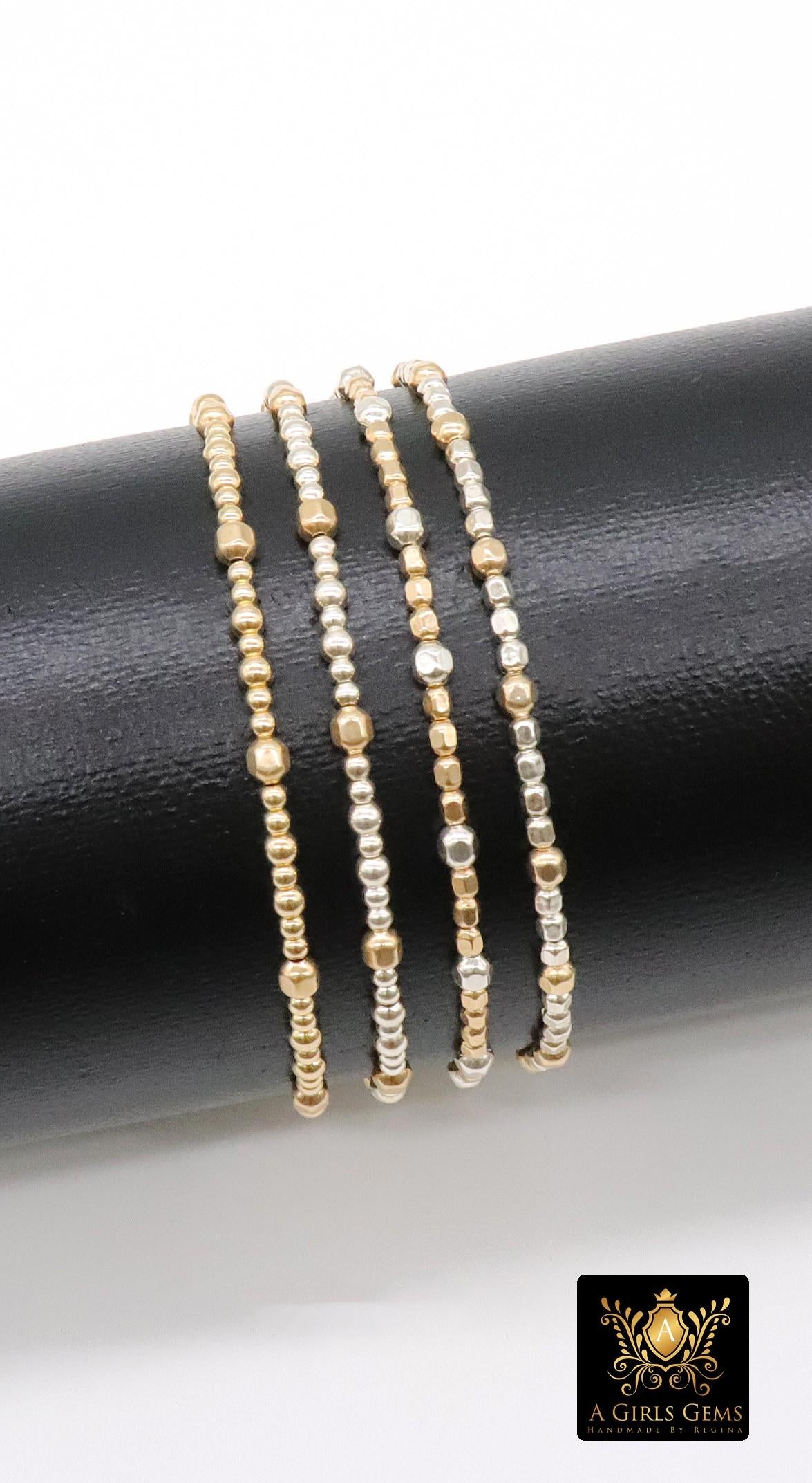 14K Gold Filled Nugget Beaded Bracelet, 925 Sterling Silver Mixed Metal Stretchy Women's Bangle, Faceted Nugget Stacking Bracelets