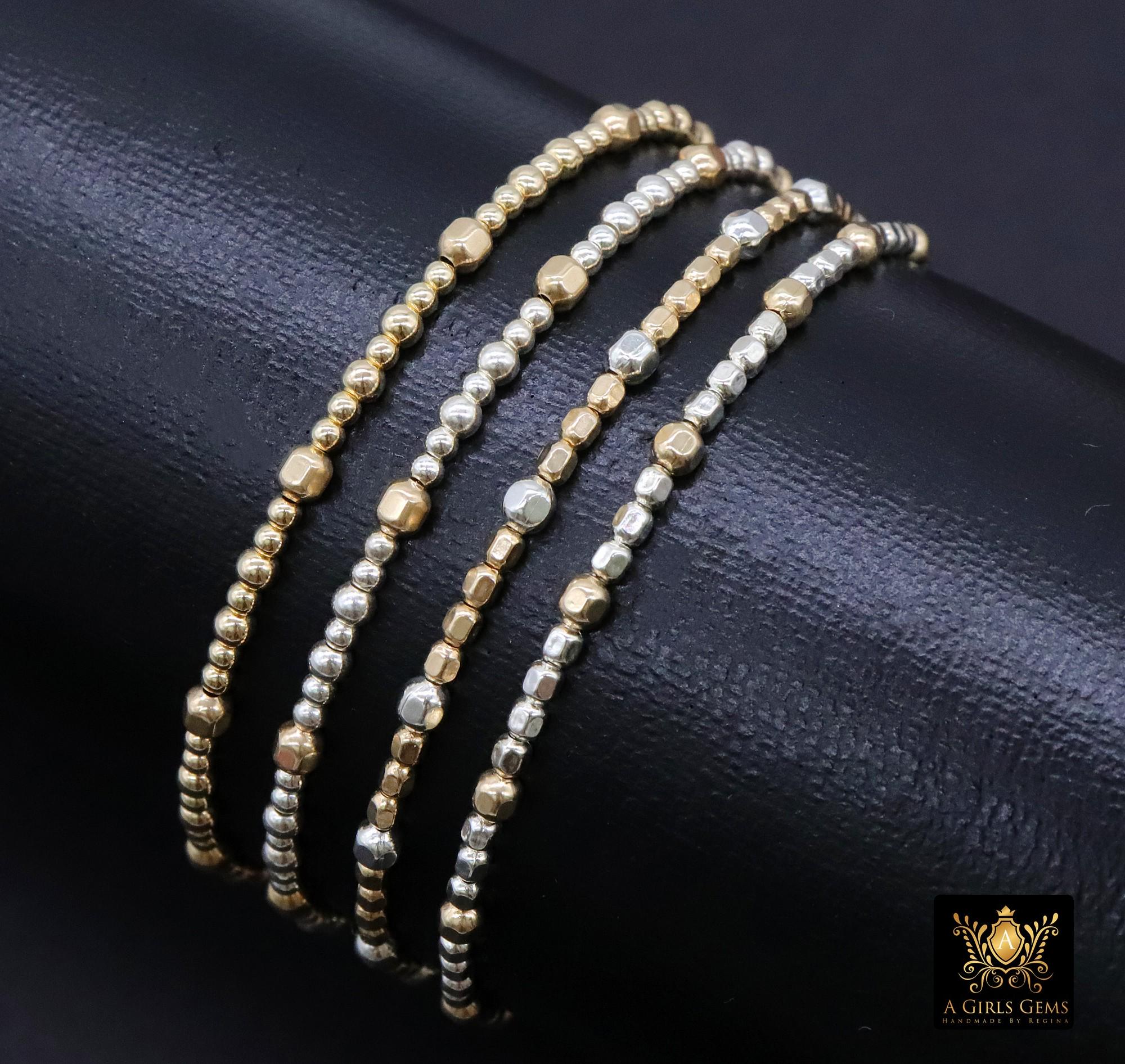 14K Gold Filled Nugget Beaded Bracelet, 925 Sterling Silver Mixed Metal Stretchy Women's Bangle, Faceted Nugget Stacking Bracelets, Handmade