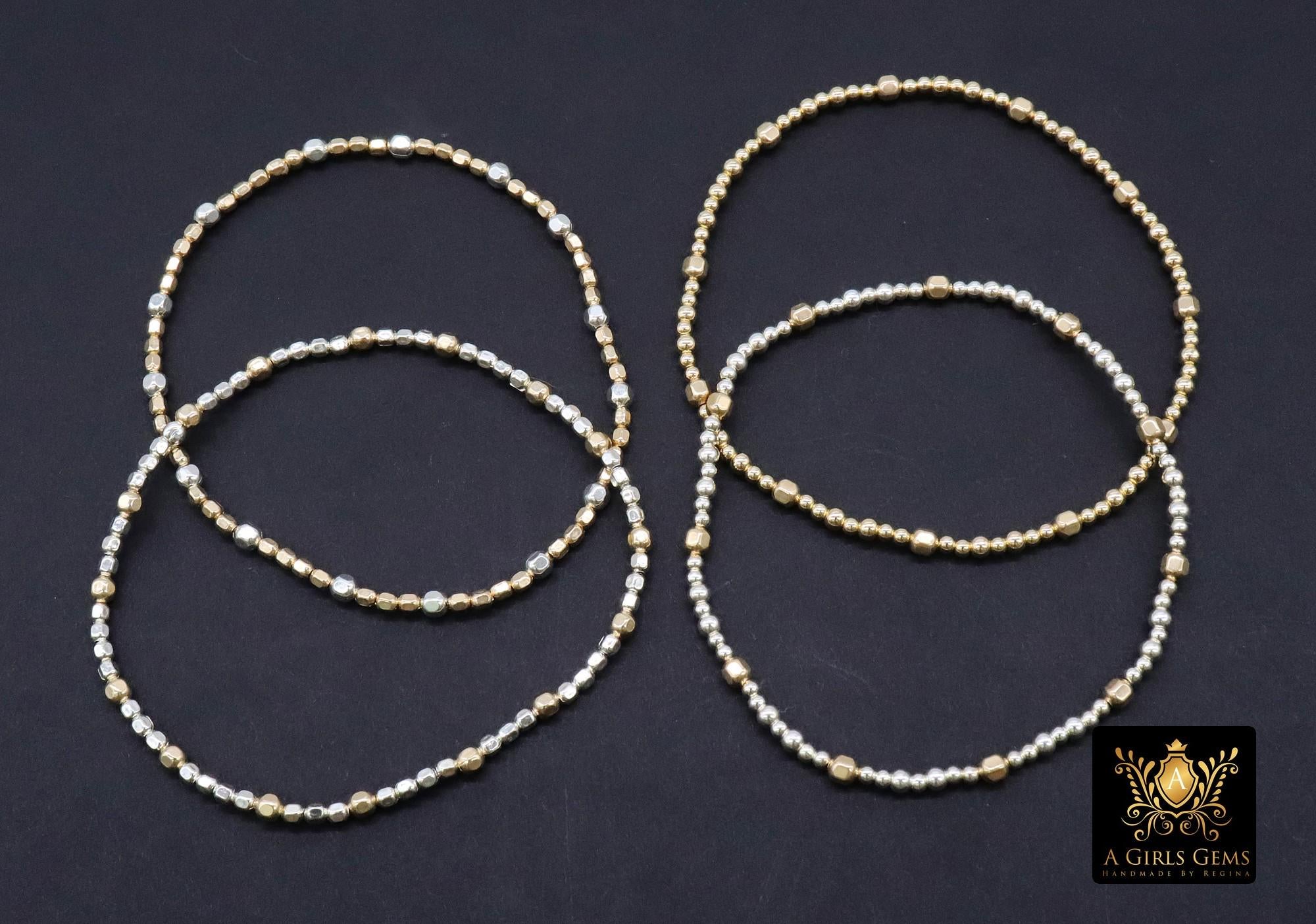 14K Gold Filled Nugget Beaded Bracelet, 925 Sterling Silver Mixed Metal Stretchy Women's Bangle, Faceted Nugget Stacking Bracelets