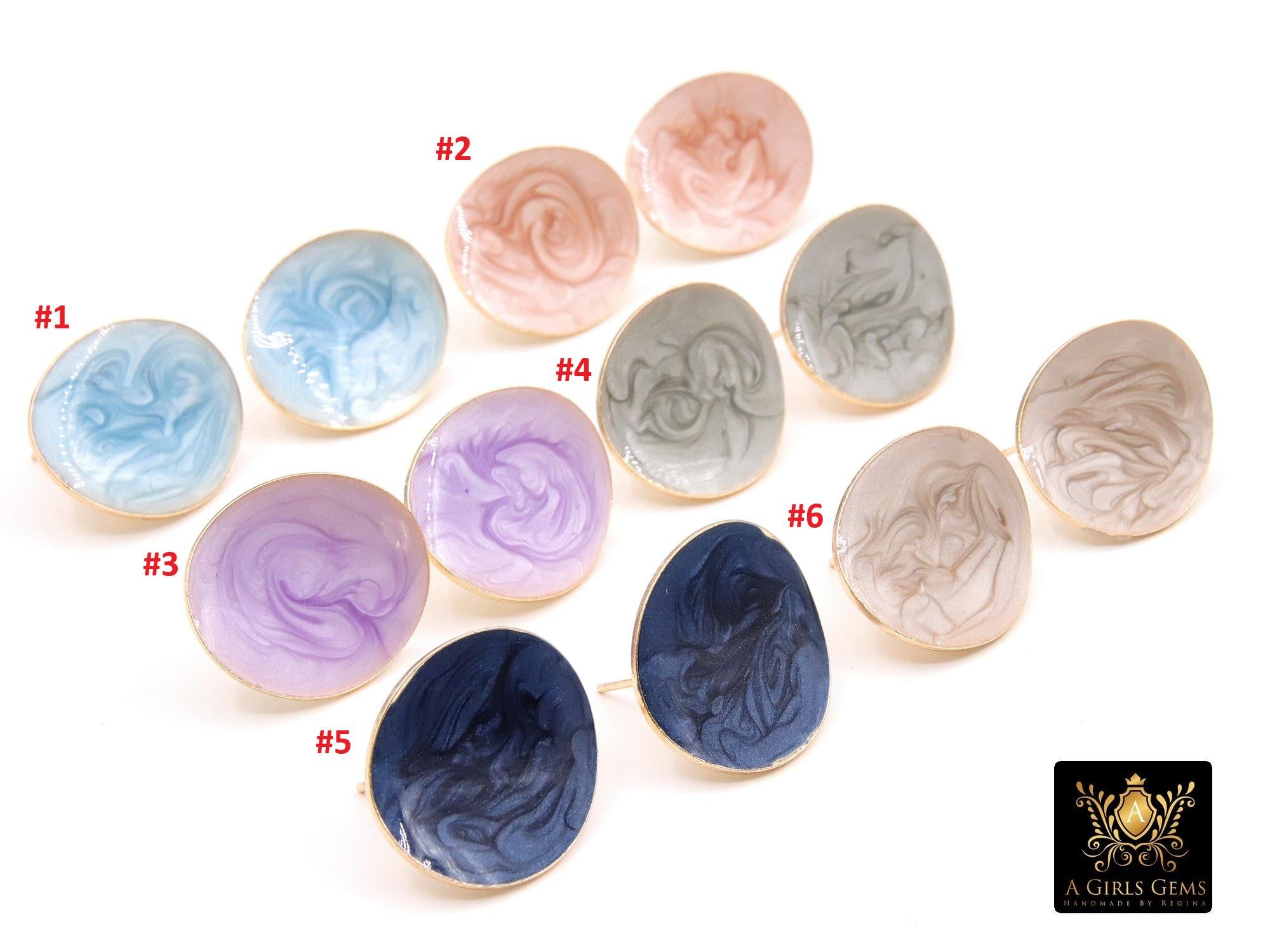 Gold Colorful Earring Studs With Open Loop Connector, Enamel Marble Post Stud Gold Plated Round Stud #3653, Hoop Post Earrings